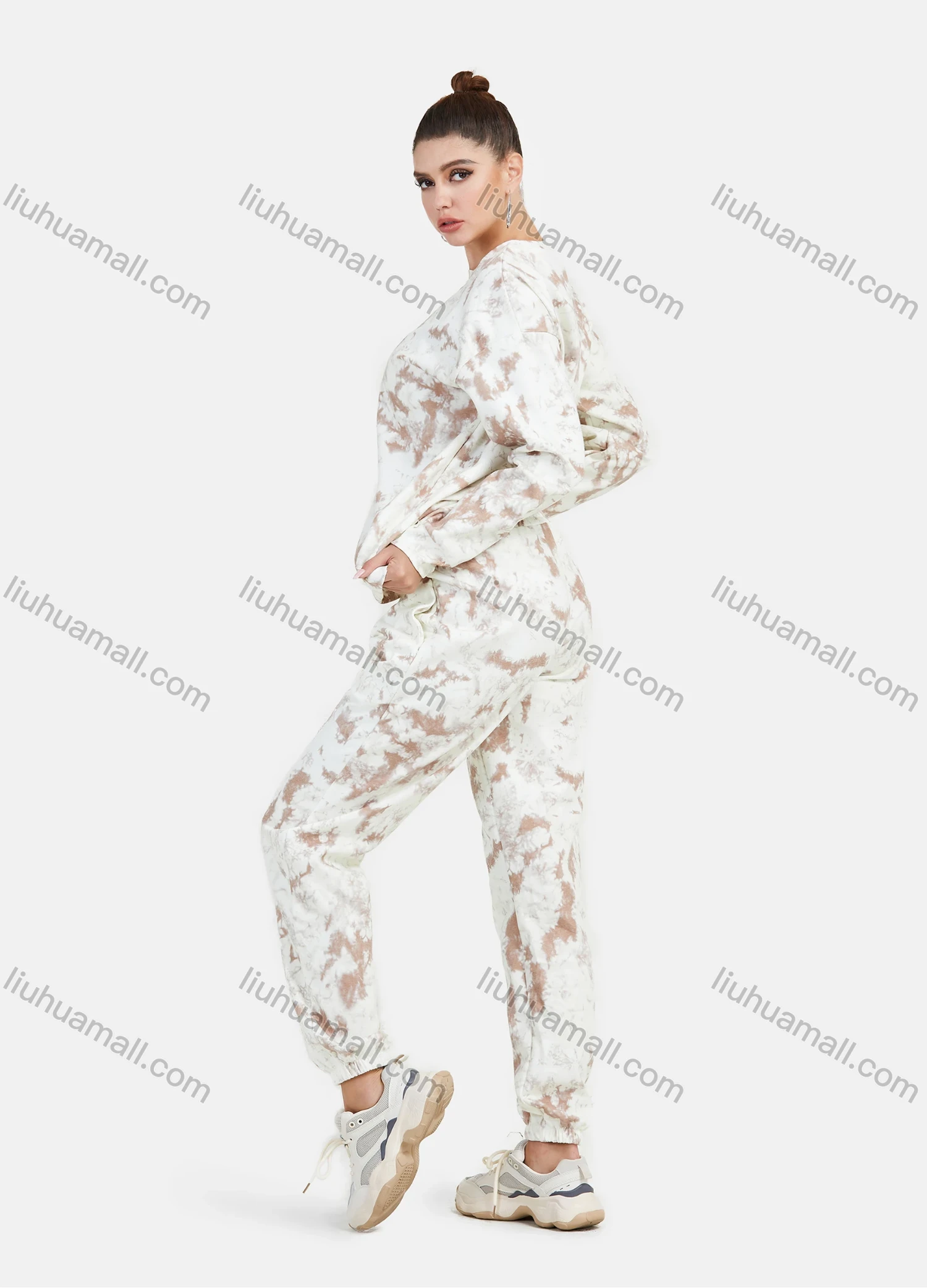 Wholesale Women's Casual Round Neck Drop Shoulder Tie Dye Long Sleeve Sweatshirt & Pants 2 Piece Set - Liuhuamall