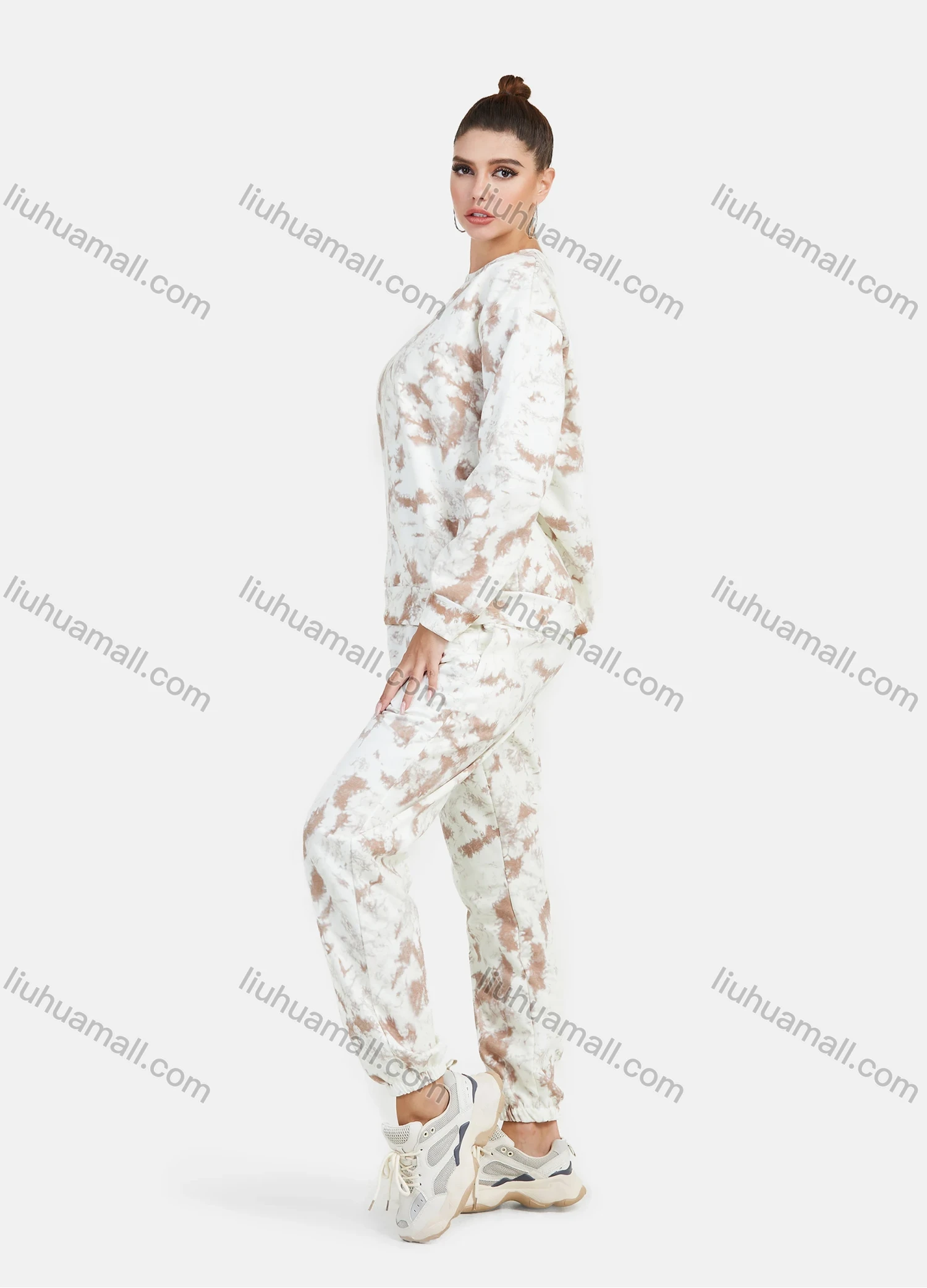 Wholesale Women's Casual Round Neck Drop Shoulder Tie Dye Long Sleeve Sweatshirt & Pants 2 Piece Set - Liuhuamall