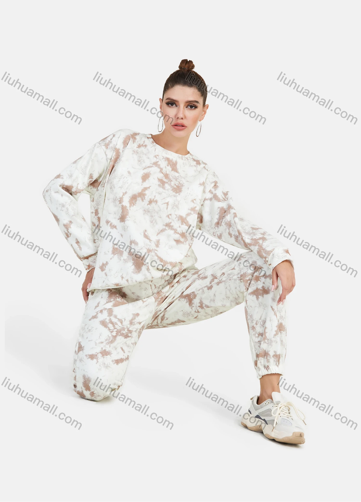 Wholesale Women's Casual Round Neck Drop Shoulder Tie Dye Long Sleeve Sweatshirt & Pants 2 Piece Set - Liuhuamall
