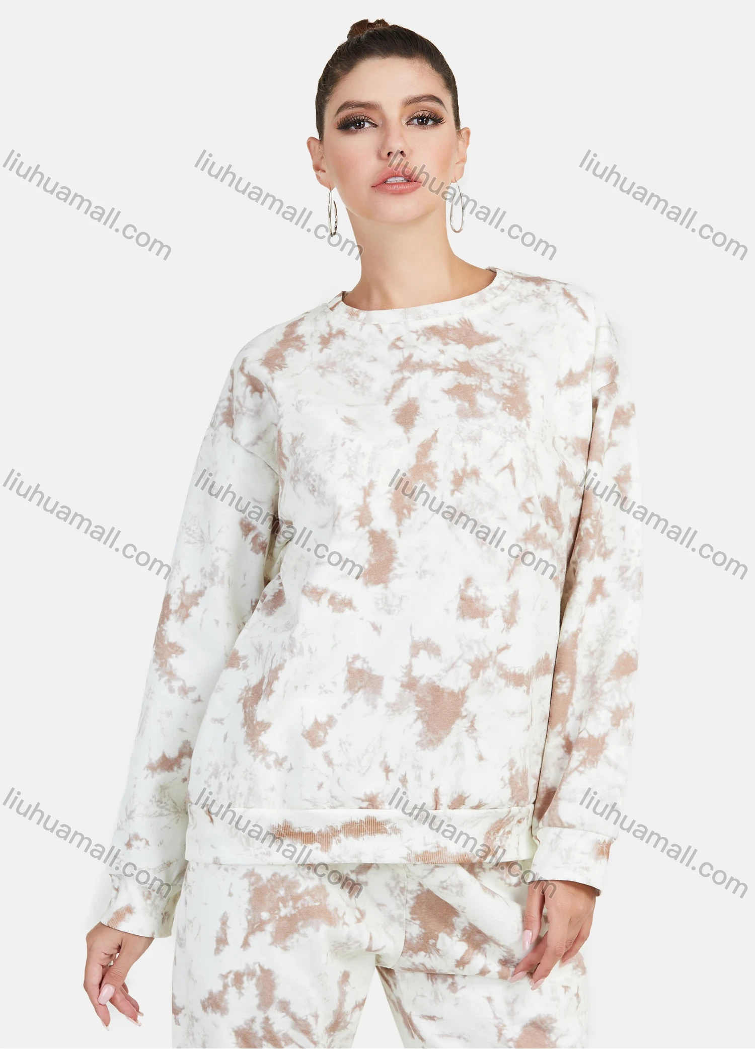 Wholesale Women's Casual Round Neck Drop Shoulder Tie Dye Long Sleeve Sweatshirt & Pants 2 Piece Set - Liuhuamall