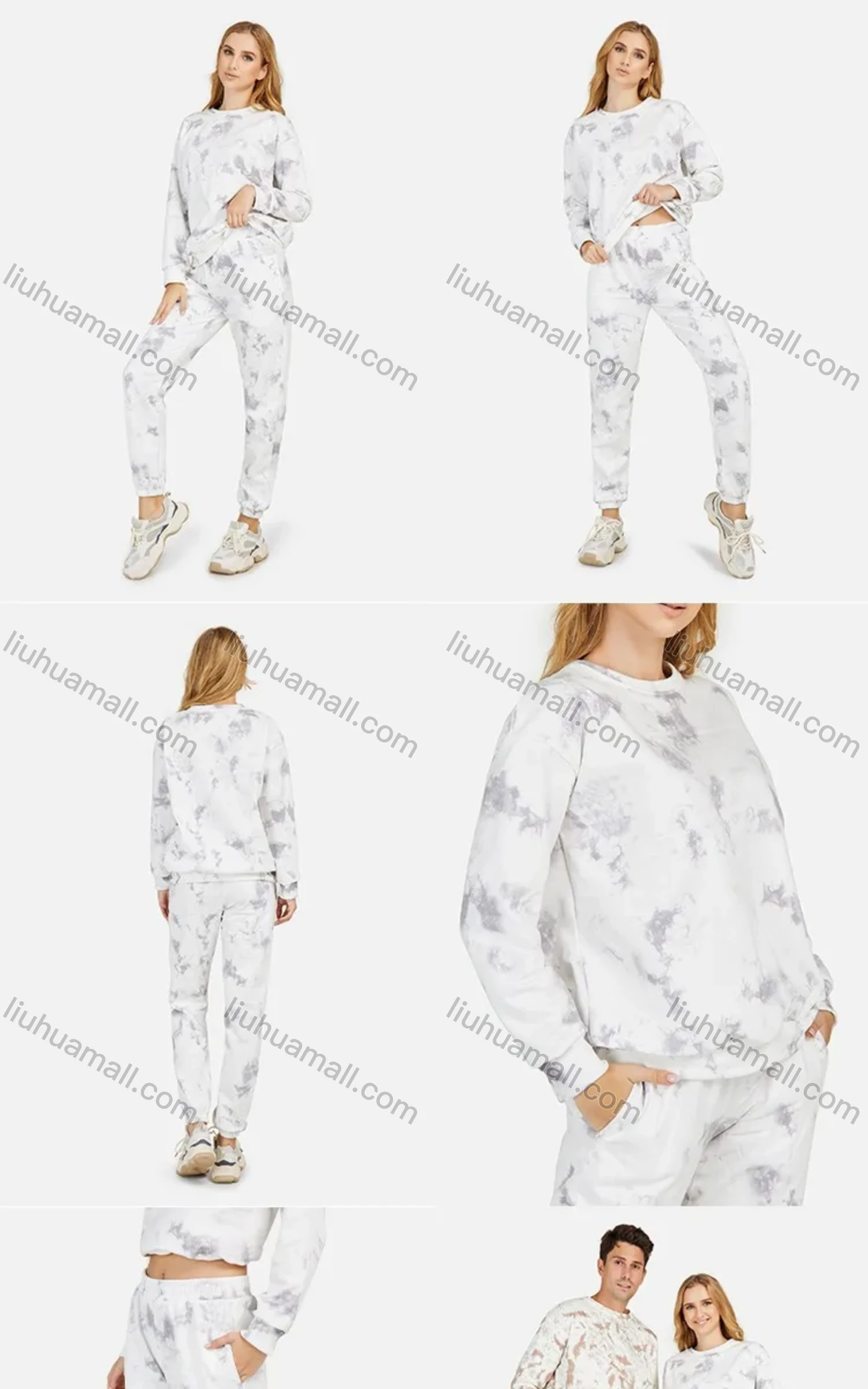 Wholesale Women's Casual Round Neck Drop Shoulder Tie Dye Long Sleeve Sweatshirt & Pants 2 Piece Set - Liuhuamall