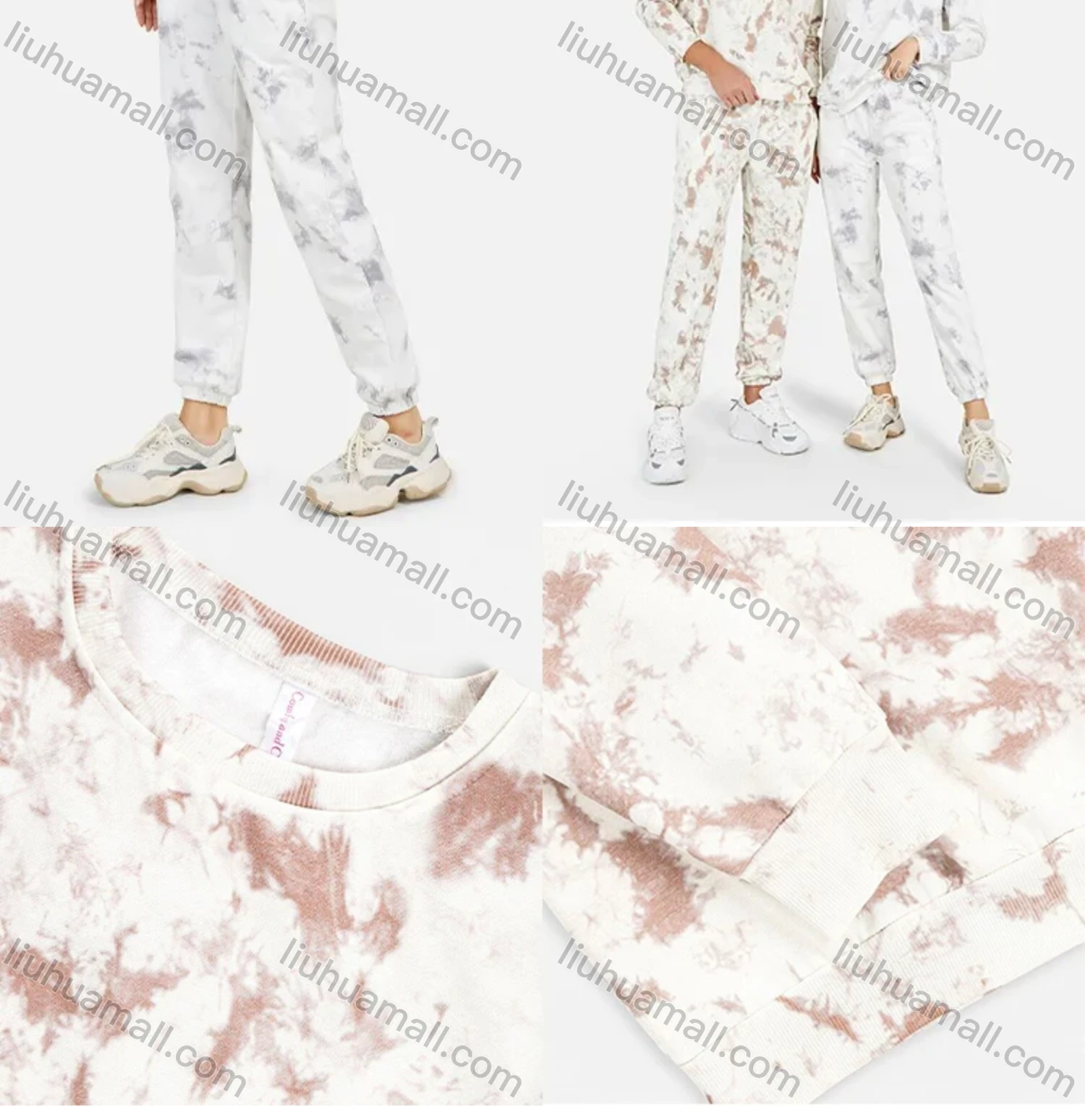Wholesale Women's Casual Round Neck Drop Shoulder Tie Dye Long Sleeve Sweatshirt & Pants 2 Piece Set - Liuhuamall
