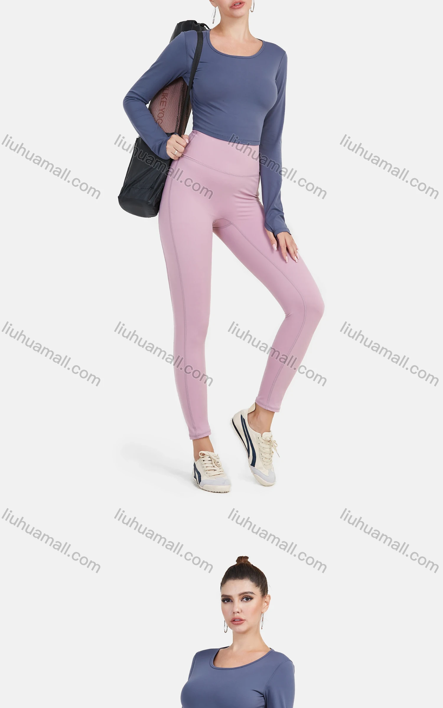 Wholesale Women's Sporty Plain Crew Neck Long Sleeve Training Crop Top - Liuhuamall