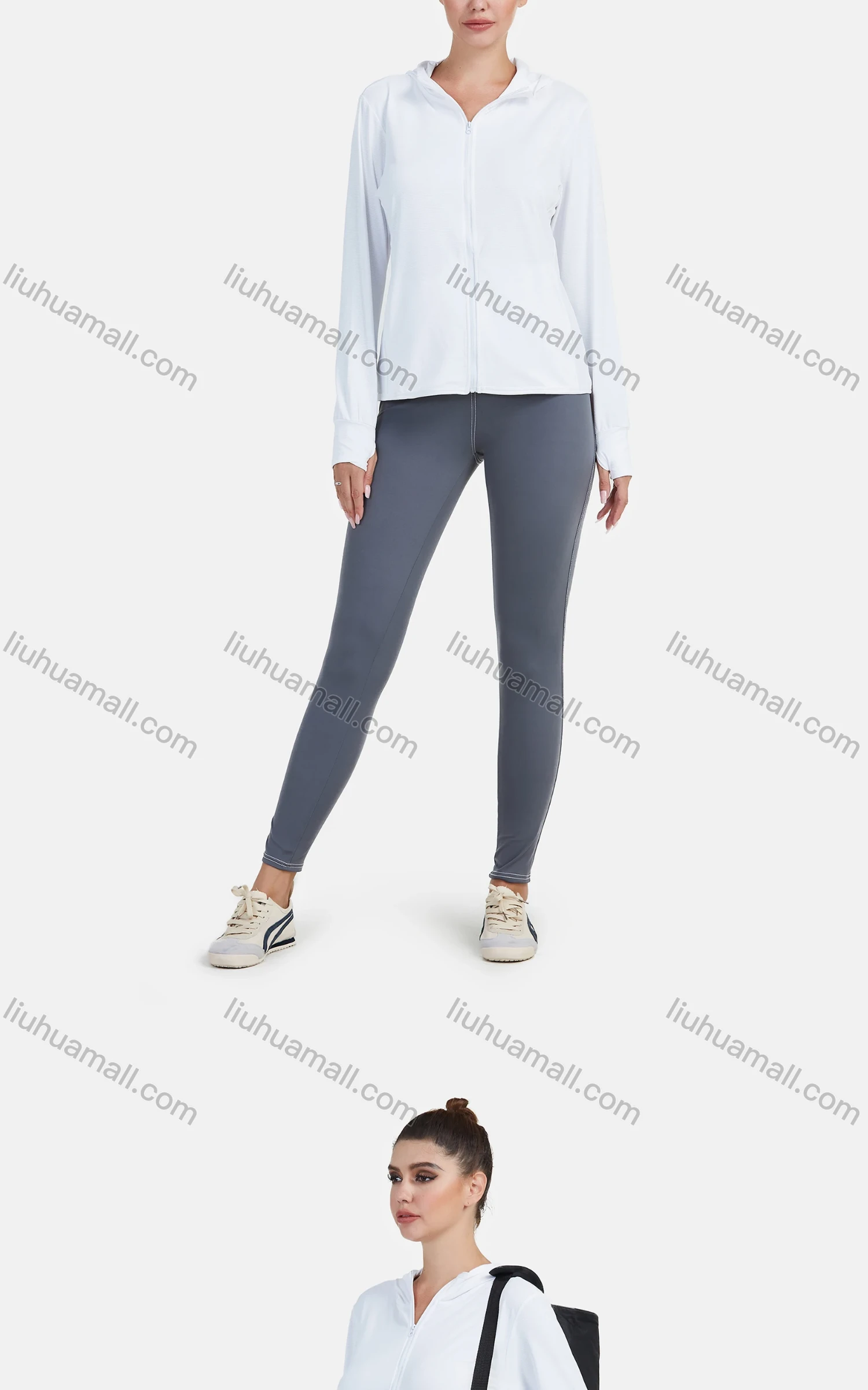 Wholesale Women's Sporty Hooded Plain Long Sleeve Zipper Training Jacket - Liuhuamall