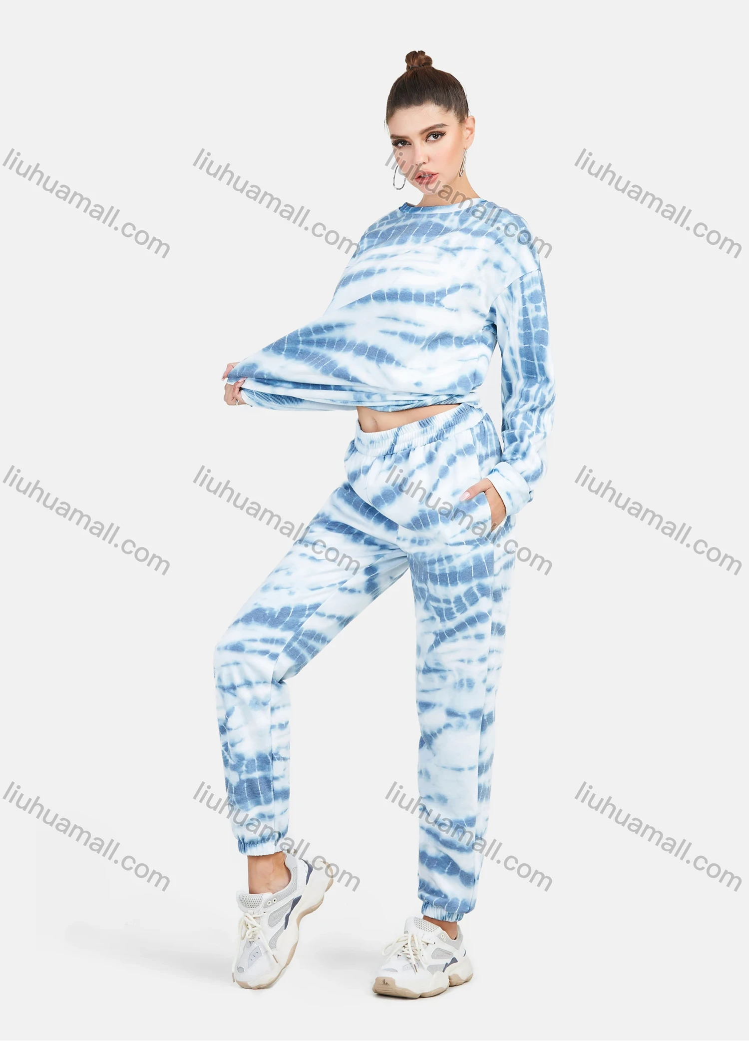 Wholesale Women's Casual Round Neck Tie Dye Drop Shoulder Pullover Sweatshirt & Pants 2 Piece Set - Liuhuamall