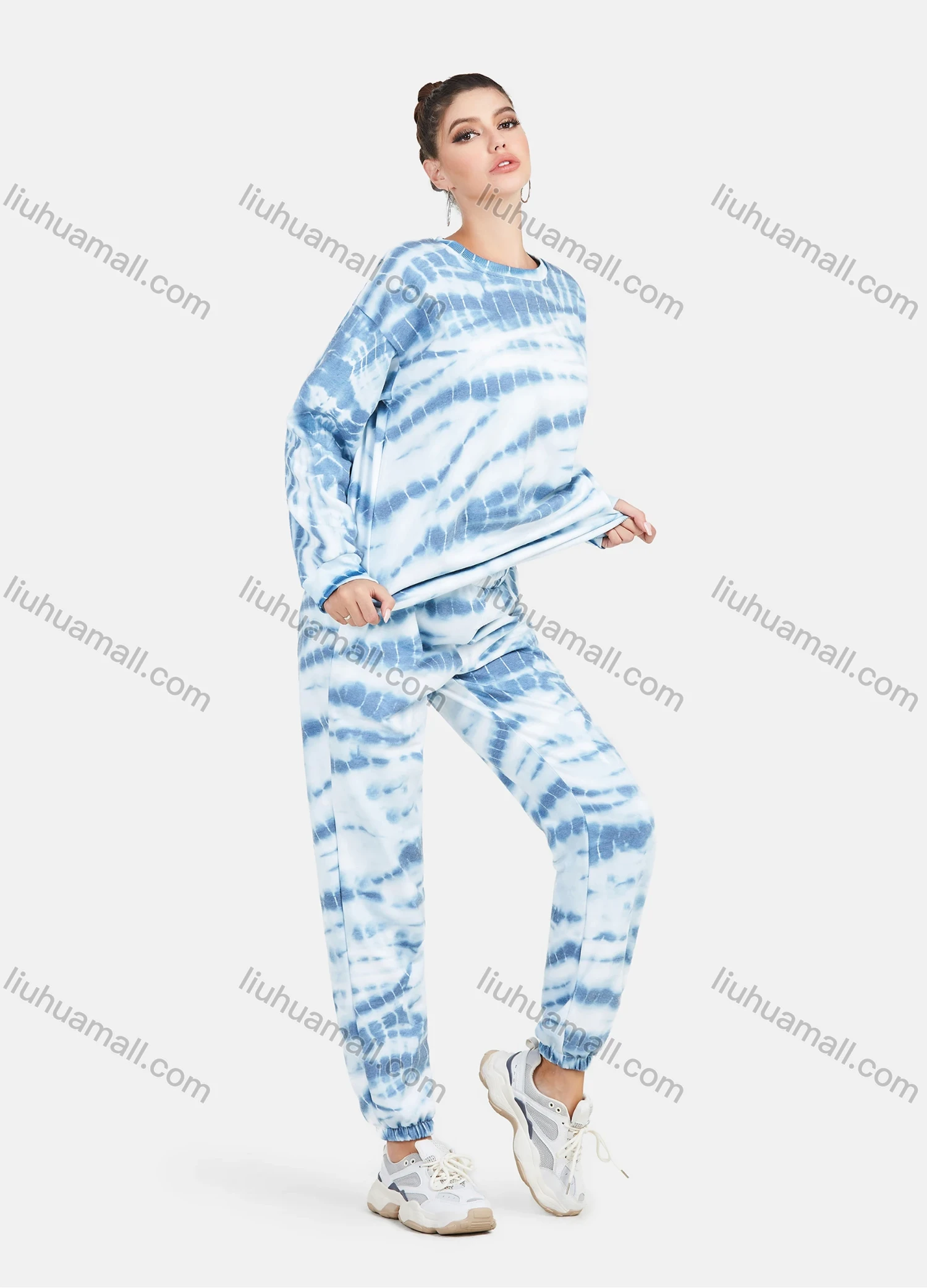 Wholesale Women's Casual Round Neck Tie Dye Drop Shoulder Pullover Sweatshirt & Pants 2 Piece Set - Liuhuamall