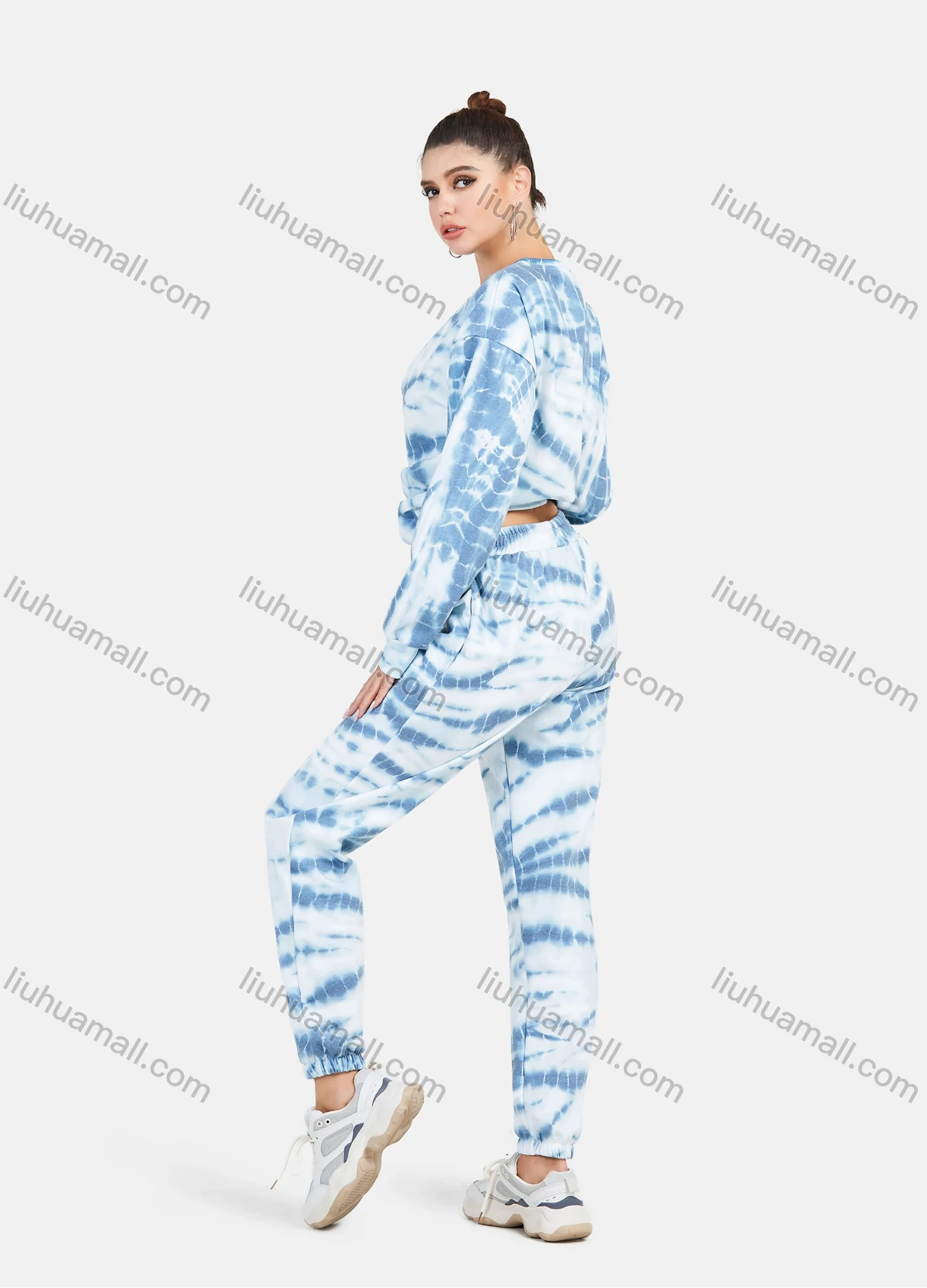 Wholesale Women's Casual Round Neck Tie Dye Drop Shoulder Pullover Sweatshirt & Pants 2 Piece Set - Liuhuamall