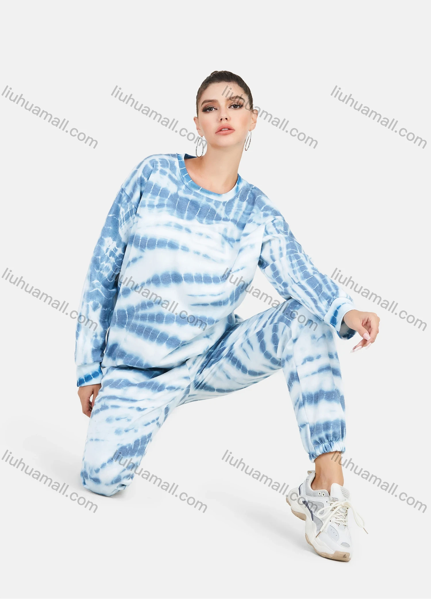 Wholesale Women's Casual Round Neck Tie Dye Drop Shoulder Pullover Sweatshirt & Pants 2 Piece Set - Liuhuamall