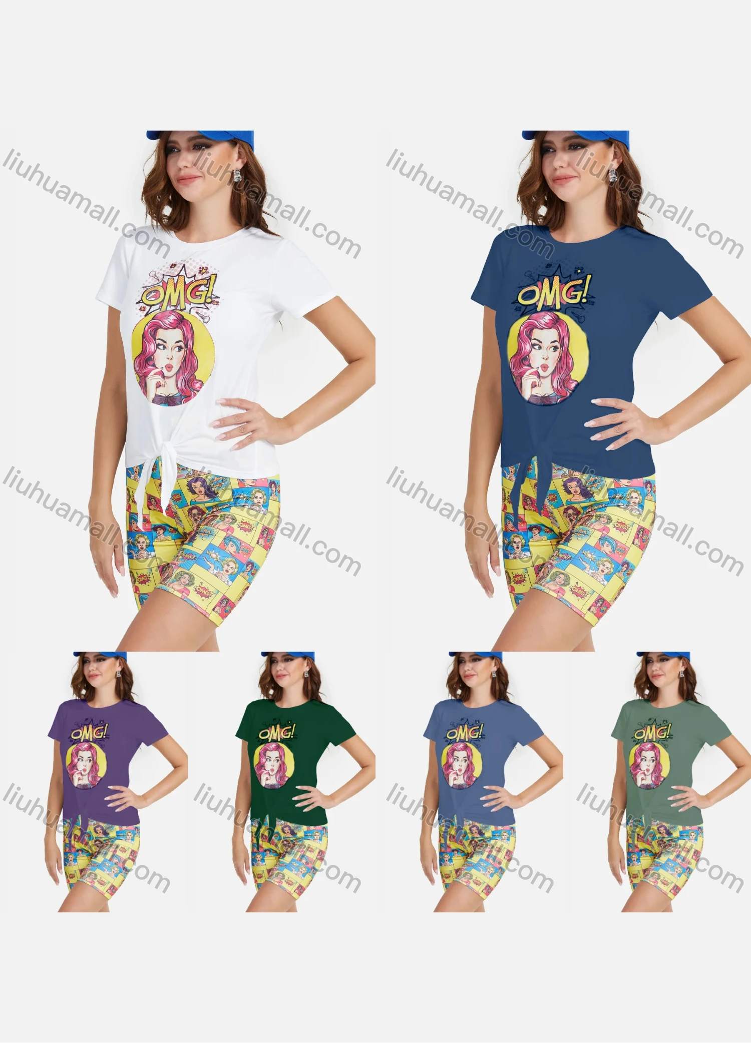 Wholesale Women's Casual Round Neck Short Sleeve Cartoon Print Twist T-Shirt - Liuhuamall