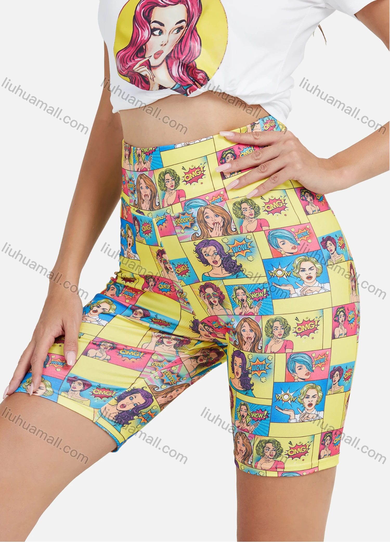 Wholesale Women's Sporty Elastic Waist Cartoon Print Biker Shorts - Liuhuamall