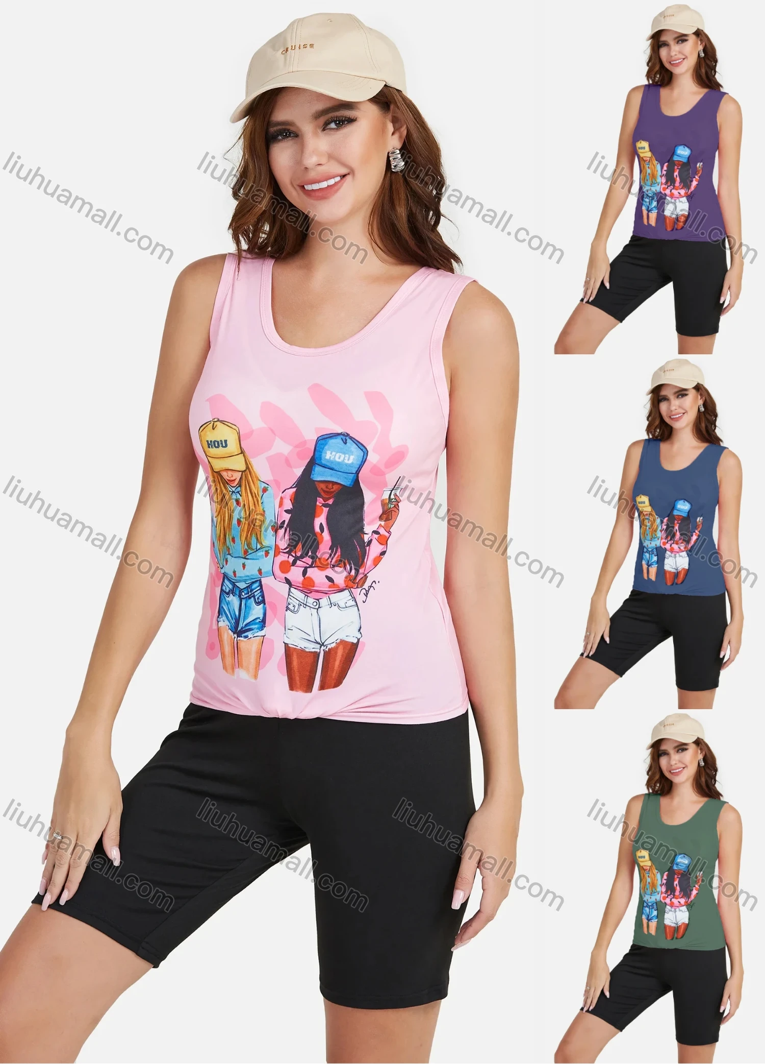 Wholesale Women's Sporty Scoop Neck Cartoon Print Tank Top - Liuhuamall