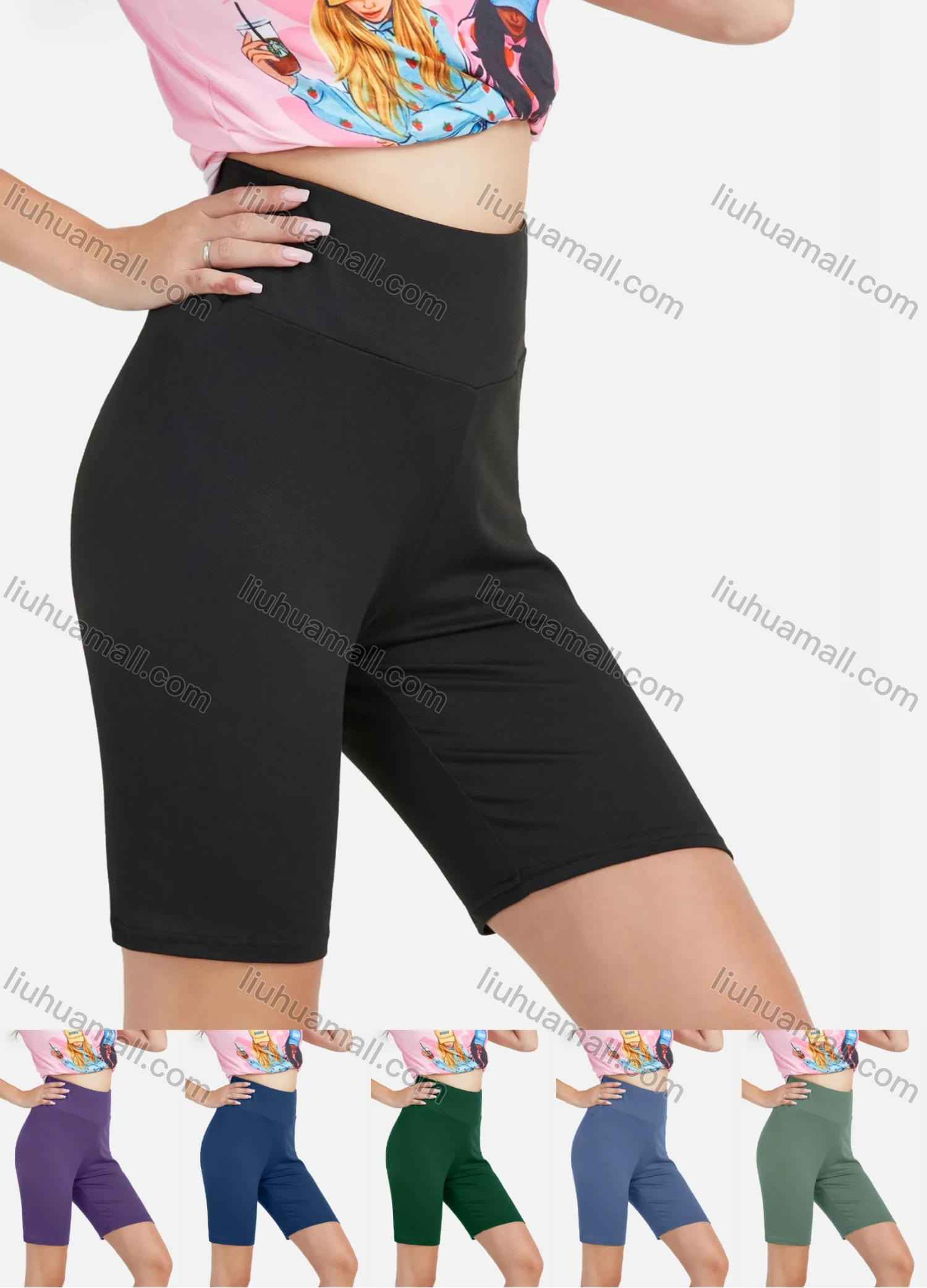 Wholesale Women's Plain Casual Elastic High Waist Sporty Biker Shorts - Liuhuamall