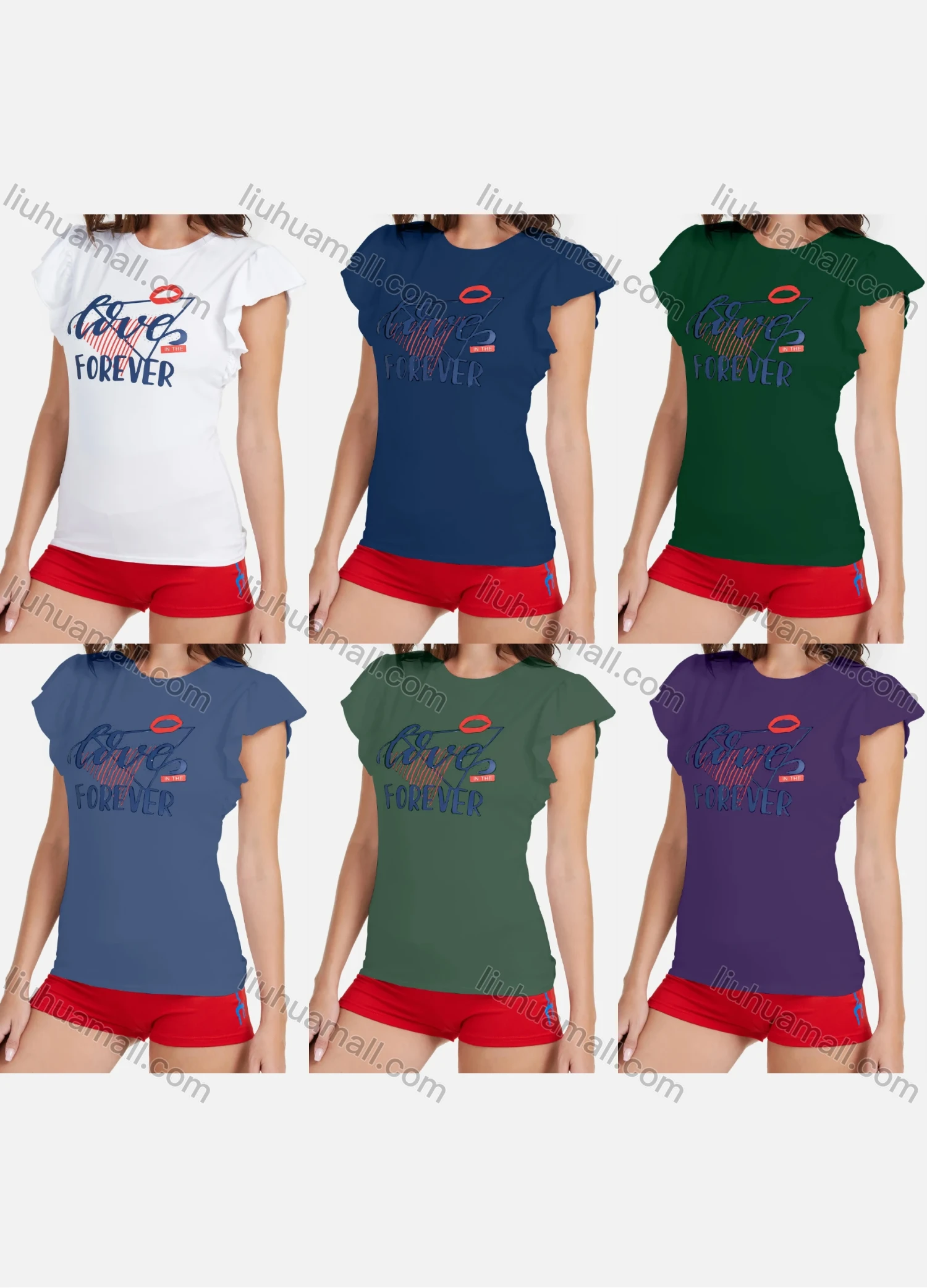 Wholesale Women's Casual Round Neck Letter Print Ruffle Sleeve T-Shirt - Liuhuamall