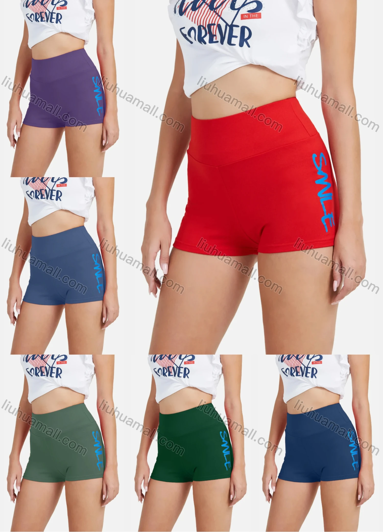 Wholesale Women's Casual Elastic Waist Sporty Plain Letter Biker Shorts - Liuhuamall