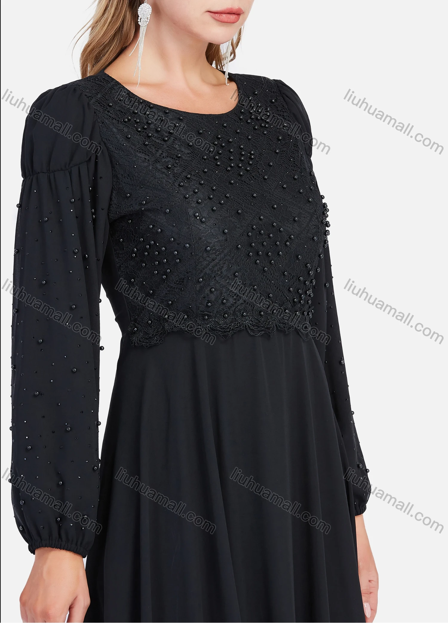 Wholesale Women's Chiffon Elegant Long Sleeve Plain A-Line Beaded Embroidery Sheer Mesh Hem Maxi Dress - Liuhuamall