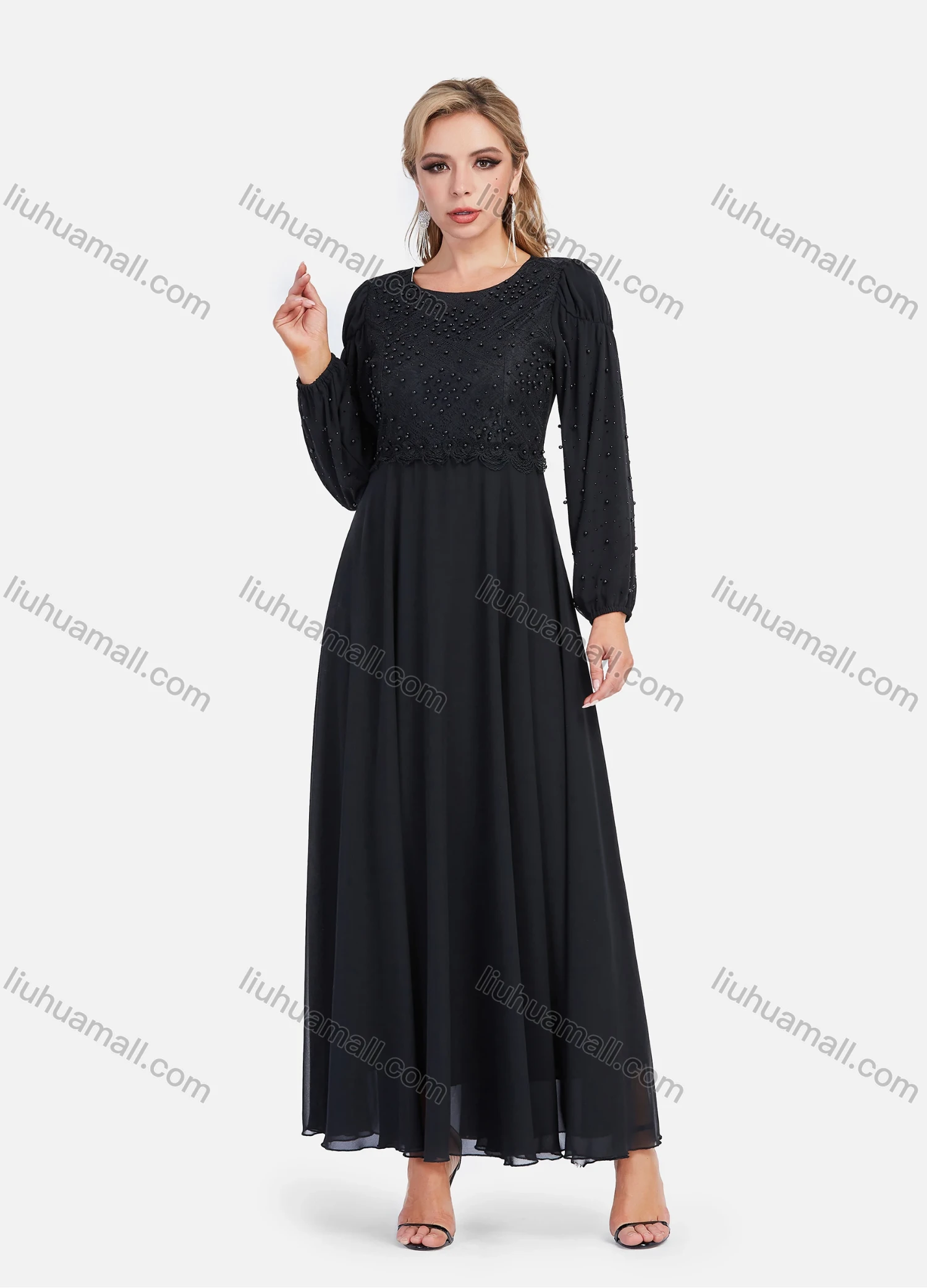 Wholesale Women's Chiffon Elegant Long Sleeve Plain A-Line Beaded Embroidery Sheer Mesh Hem Maxi Dress - Liuhuamall
