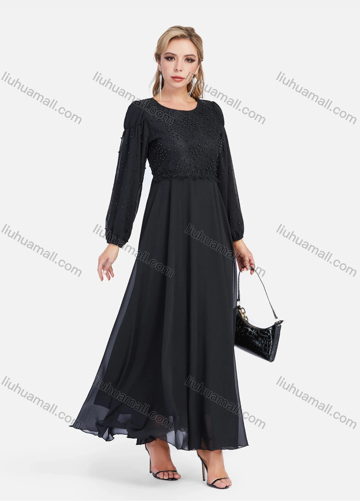 Wholesale Women's Chiffon Elegant Long Sleeve Plain A-Line Beaded Embroidery Sheer Mesh Hem Maxi Dress - Liuhuamall