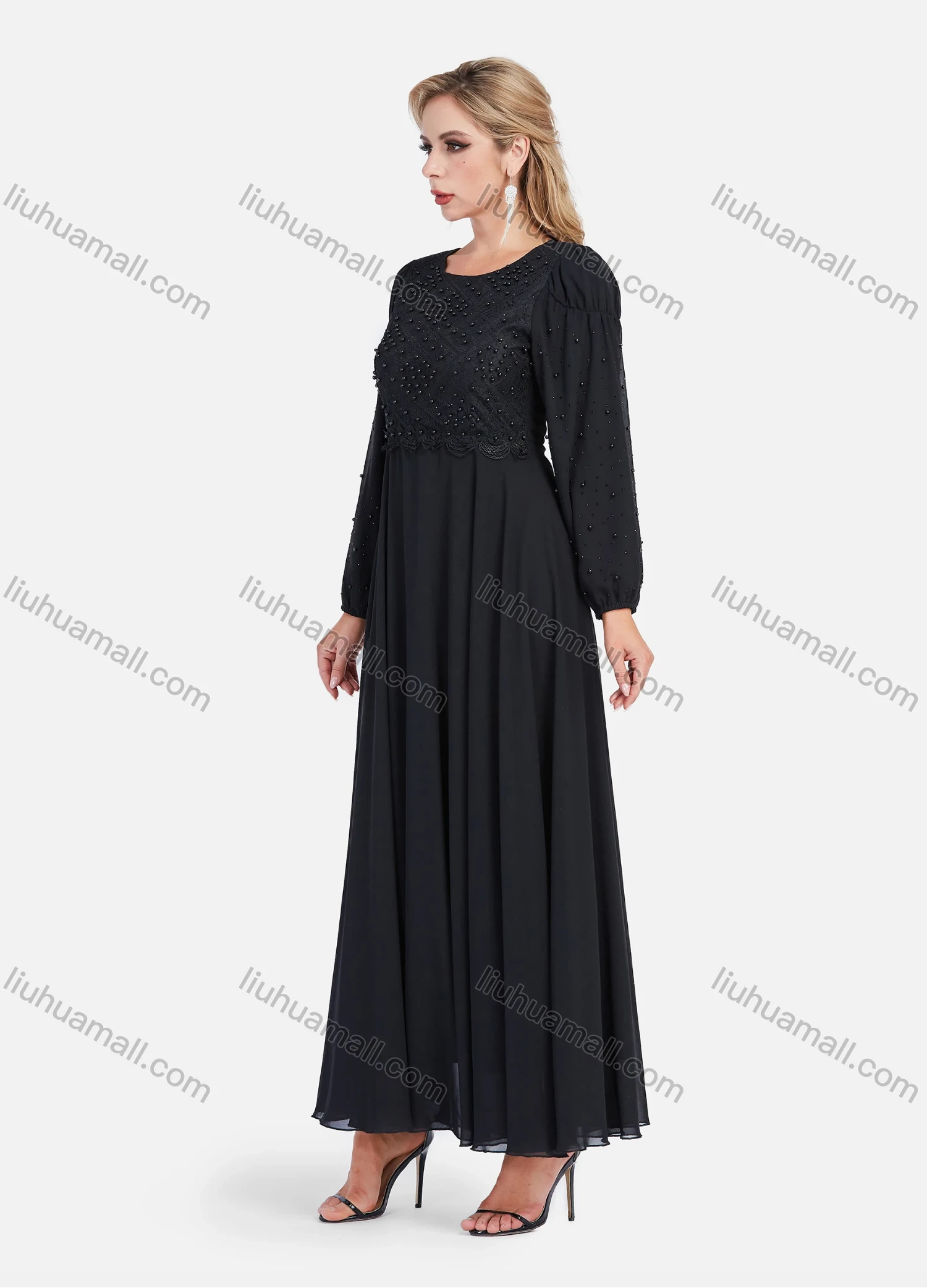 Wholesale Women's Chiffon Elegant Long Sleeve Plain A-Line Beaded Embroidery Sheer Mesh Hem Maxi Dress - Liuhuamall