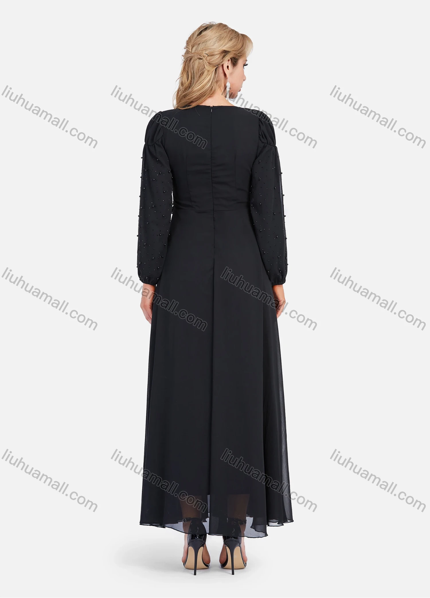 Wholesale Women's Chiffon Elegant Long Sleeve Plain A-Line Beaded Embroidery Sheer Mesh Hem Maxi Dress - Liuhuamall