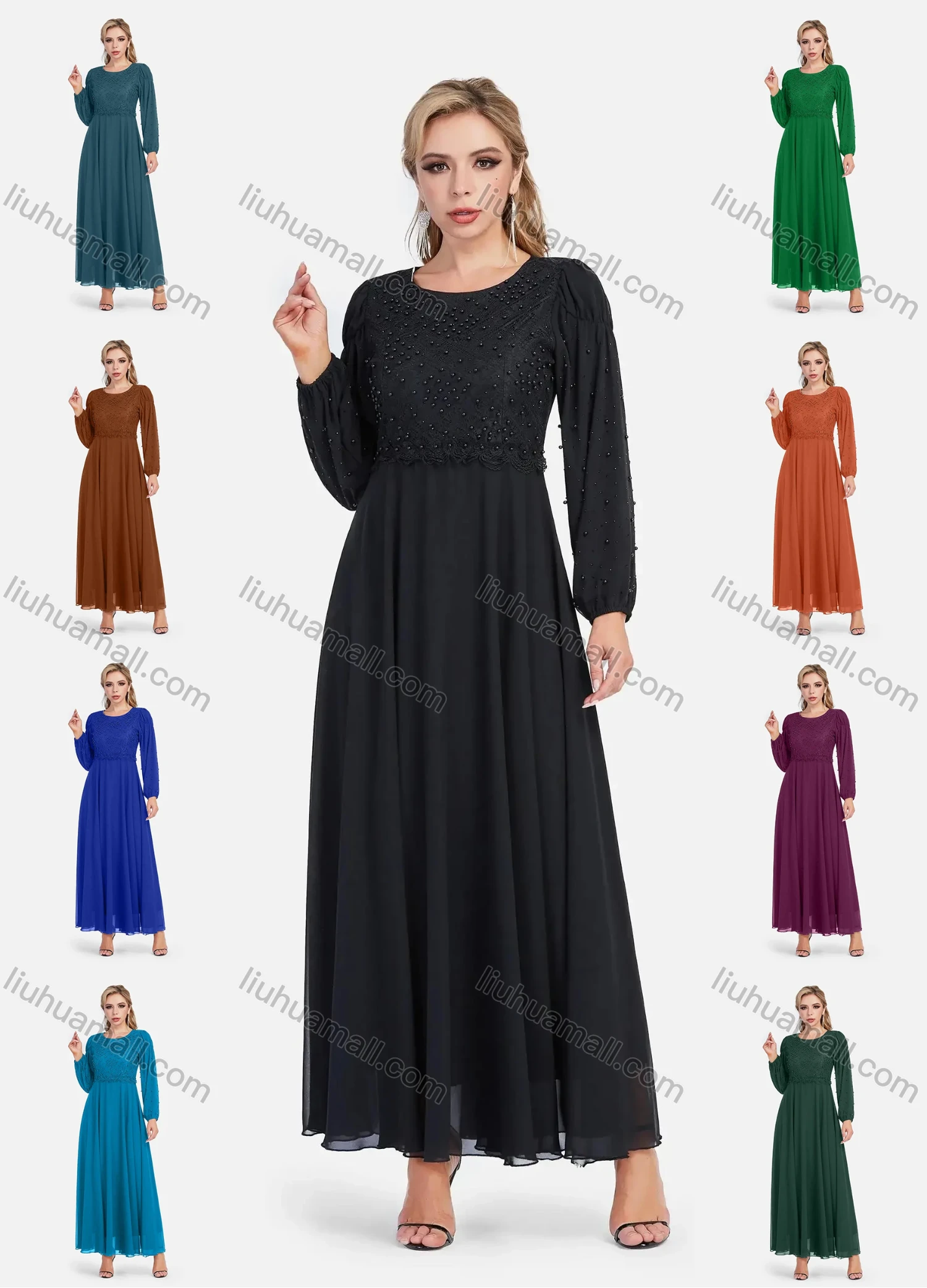Wholesale Women's Chiffon Elegant Long Sleeve Plain A-Line Beaded Embroidery Sheer Mesh Hem Maxi Dress - Liuhuamall