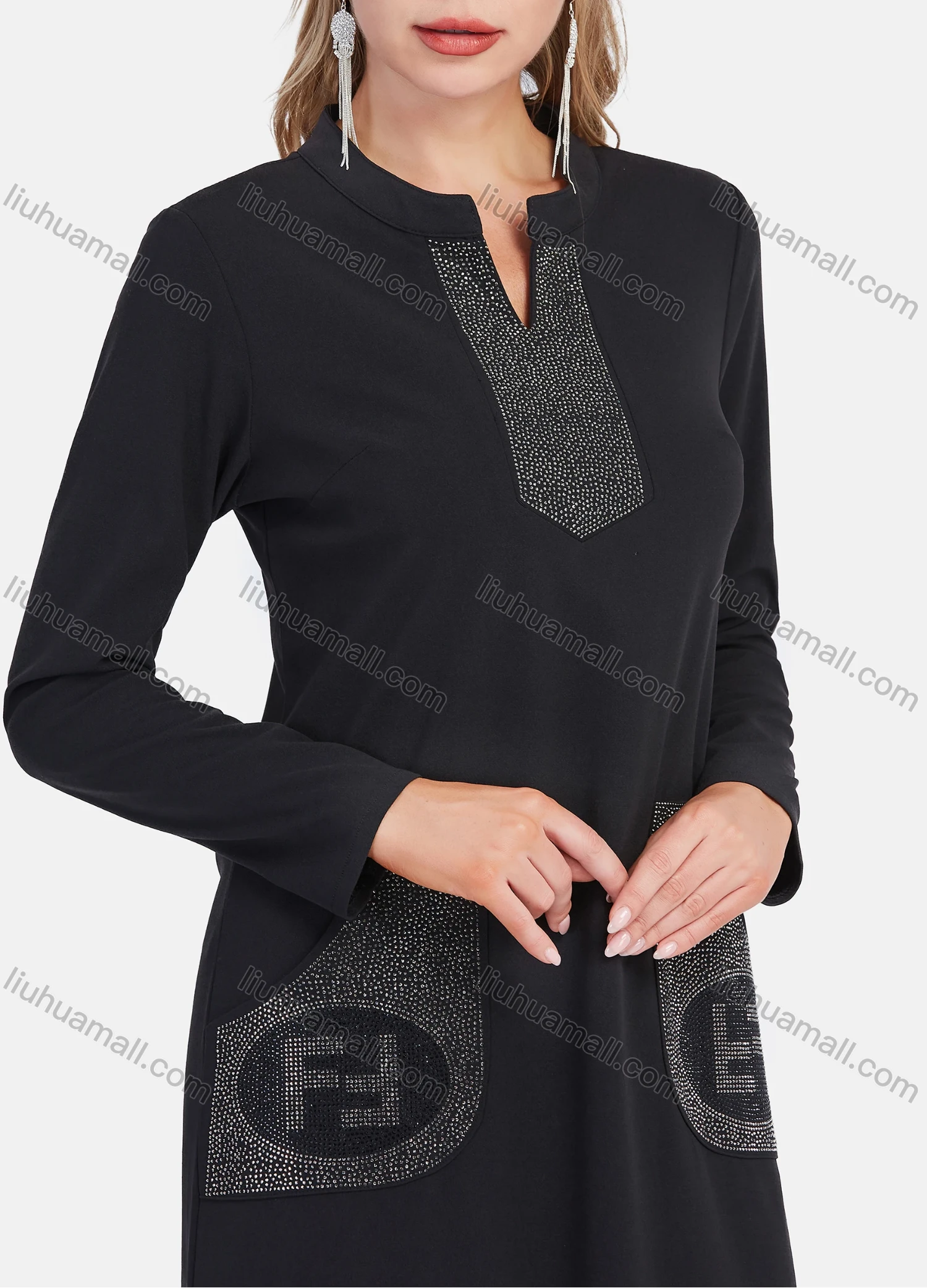 Wholesale Women's Elegant Notched Collar Rhinestone Plain Maxi Dress - Liuhuamall