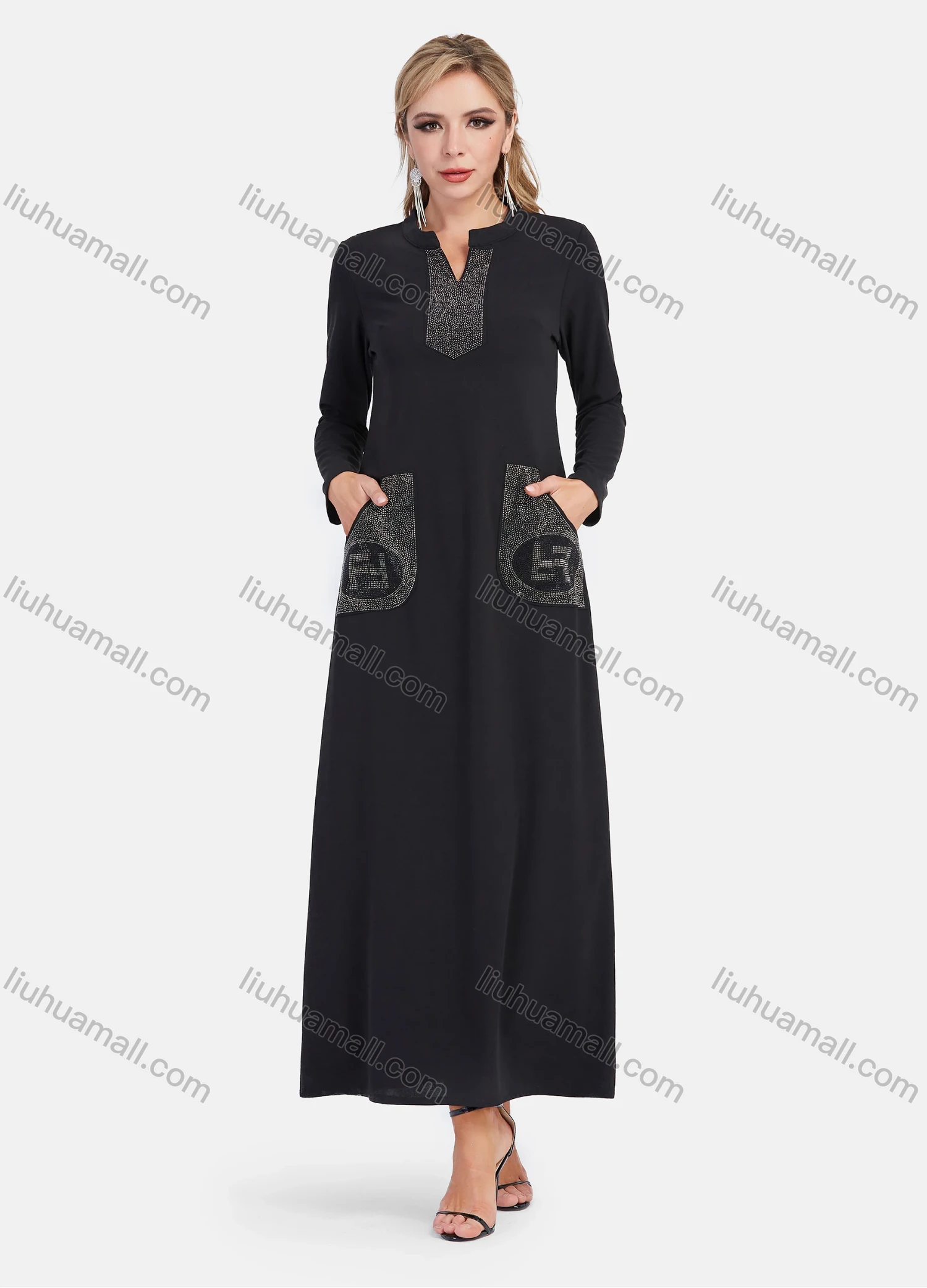 Wholesale Women's Elegant Notched Collar Rhinestone Plain Maxi Dress - Liuhuamall