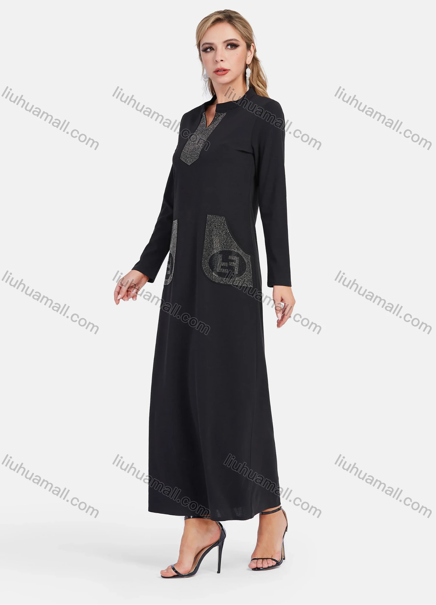 Wholesale Women's Elegant Notched Collar Rhinestone Plain Maxi Dress - Liuhuamall