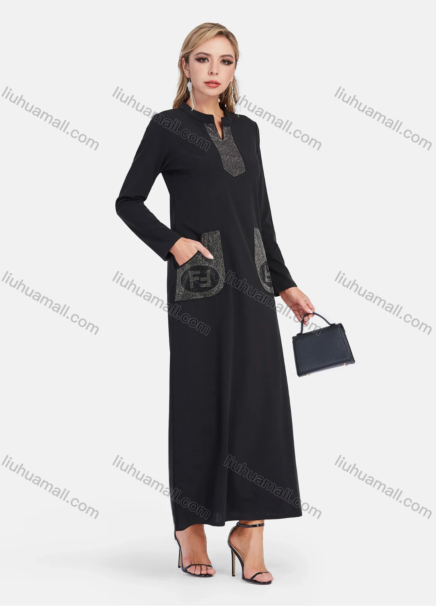 Wholesale Women's Elegant Notched Collar Rhinestone Plain Maxi Dress - Liuhuamall