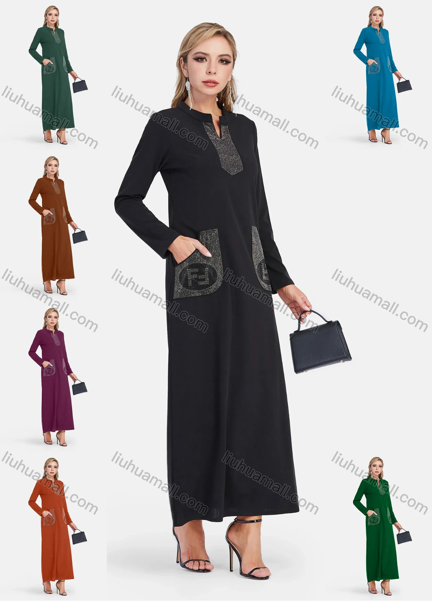 Wholesale Women's Elegant Notched Collar Rhinestone Plain Maxi Dress - Liuhuamall