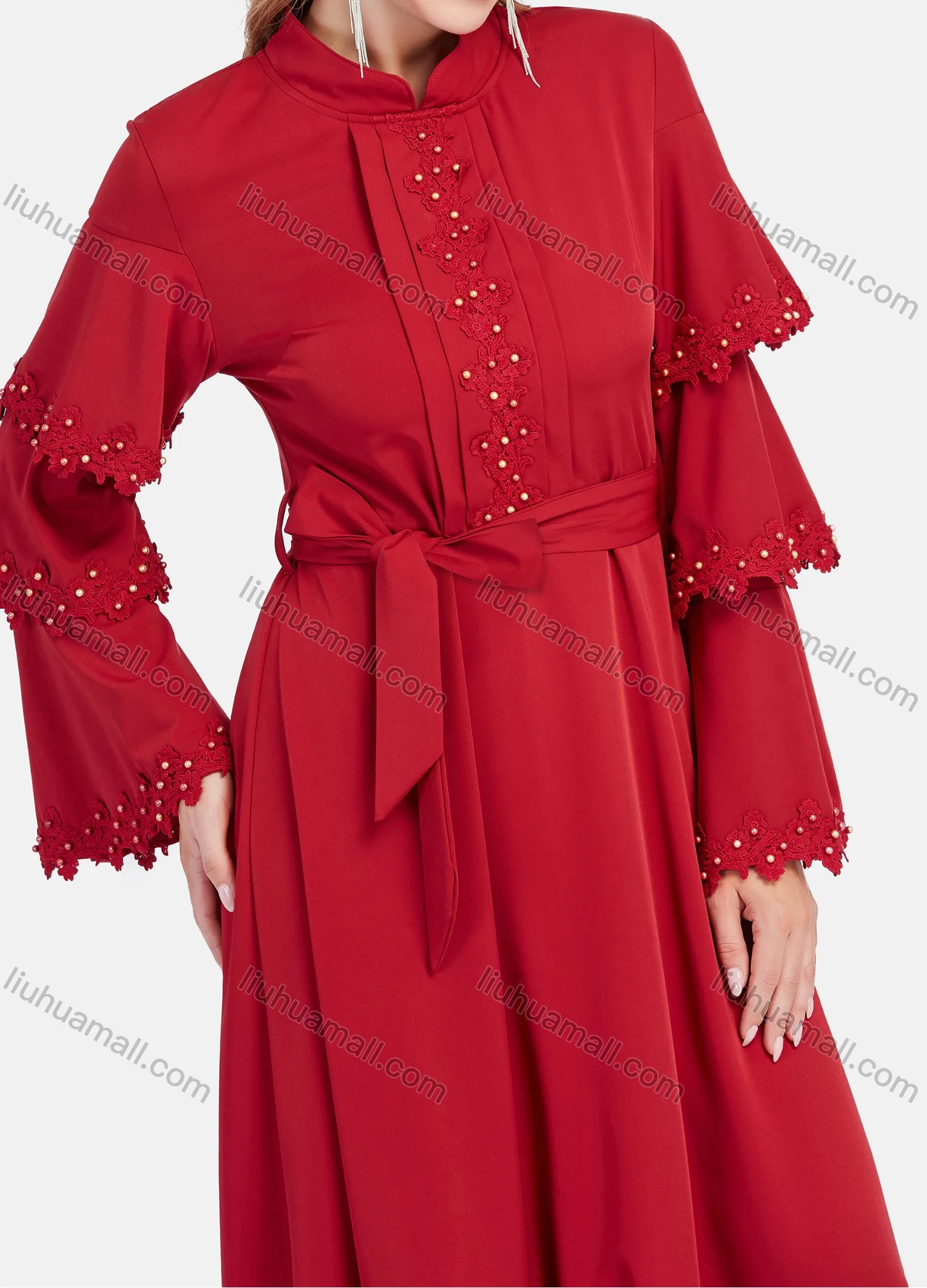 Wholesale Women's Elegant Layered Sleeve Floral Embroidery Mandarin Collar Maxi Dress With Belt - Liuhuamall