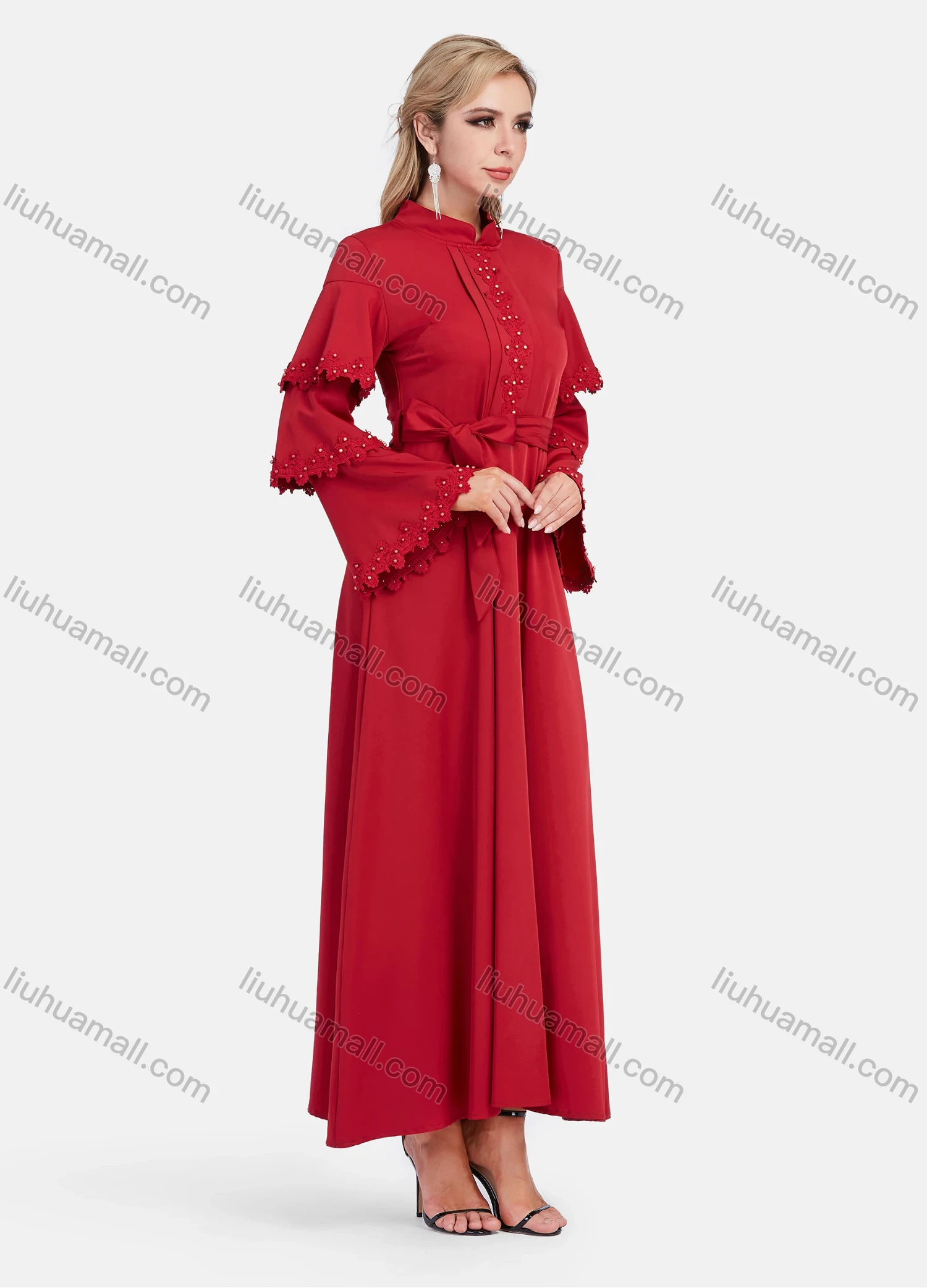 Wholesale Women's Elegant Layered Sleeve Floral Embroidery Mandarin Collar Maxi Dress With Belt - Liuhuamall