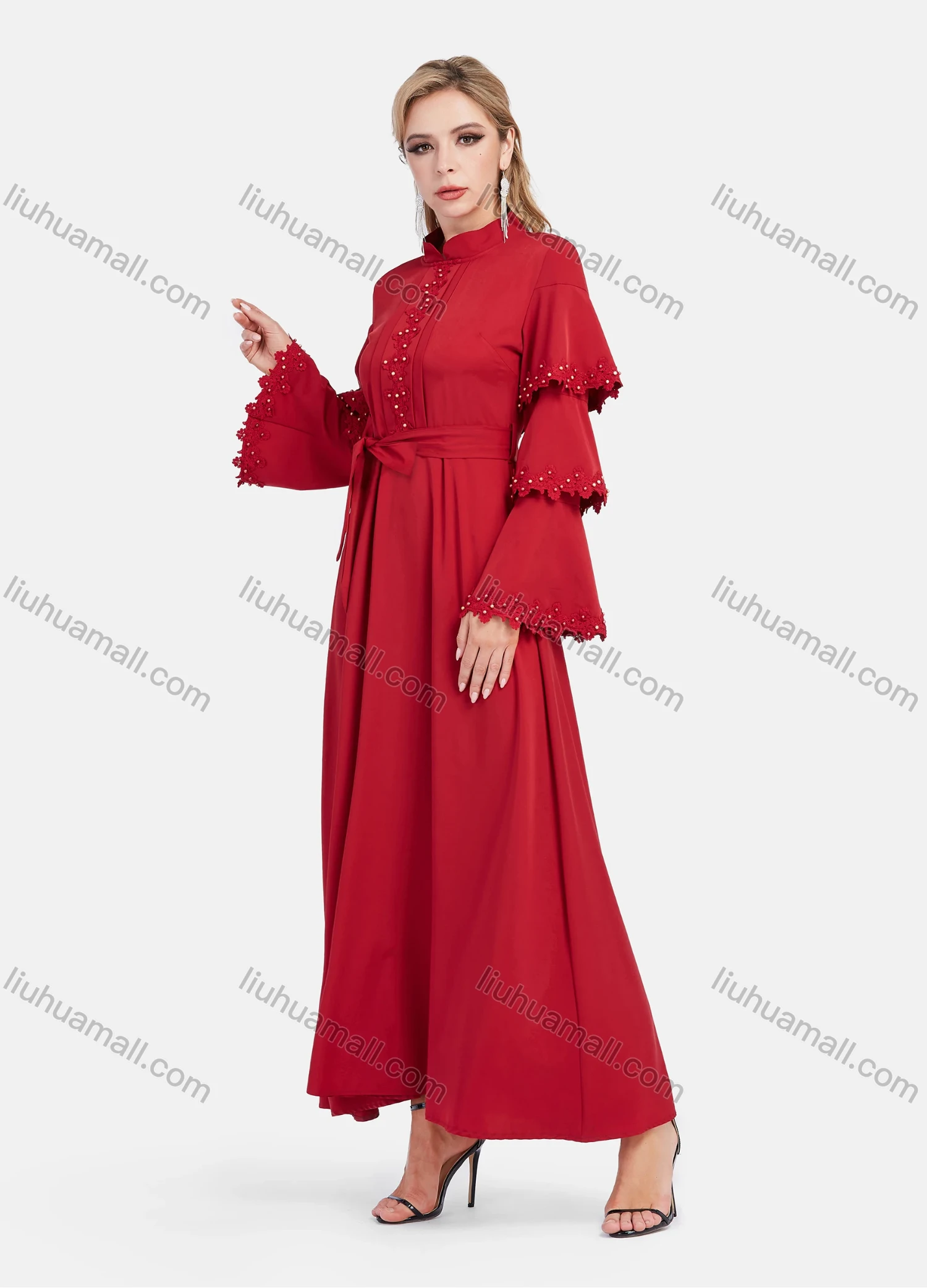 Wholesale Women's Elegant Layered Sleeve Floral Embroidery Mandarin Collar Maxi Dress With Belt - Liuhuamall