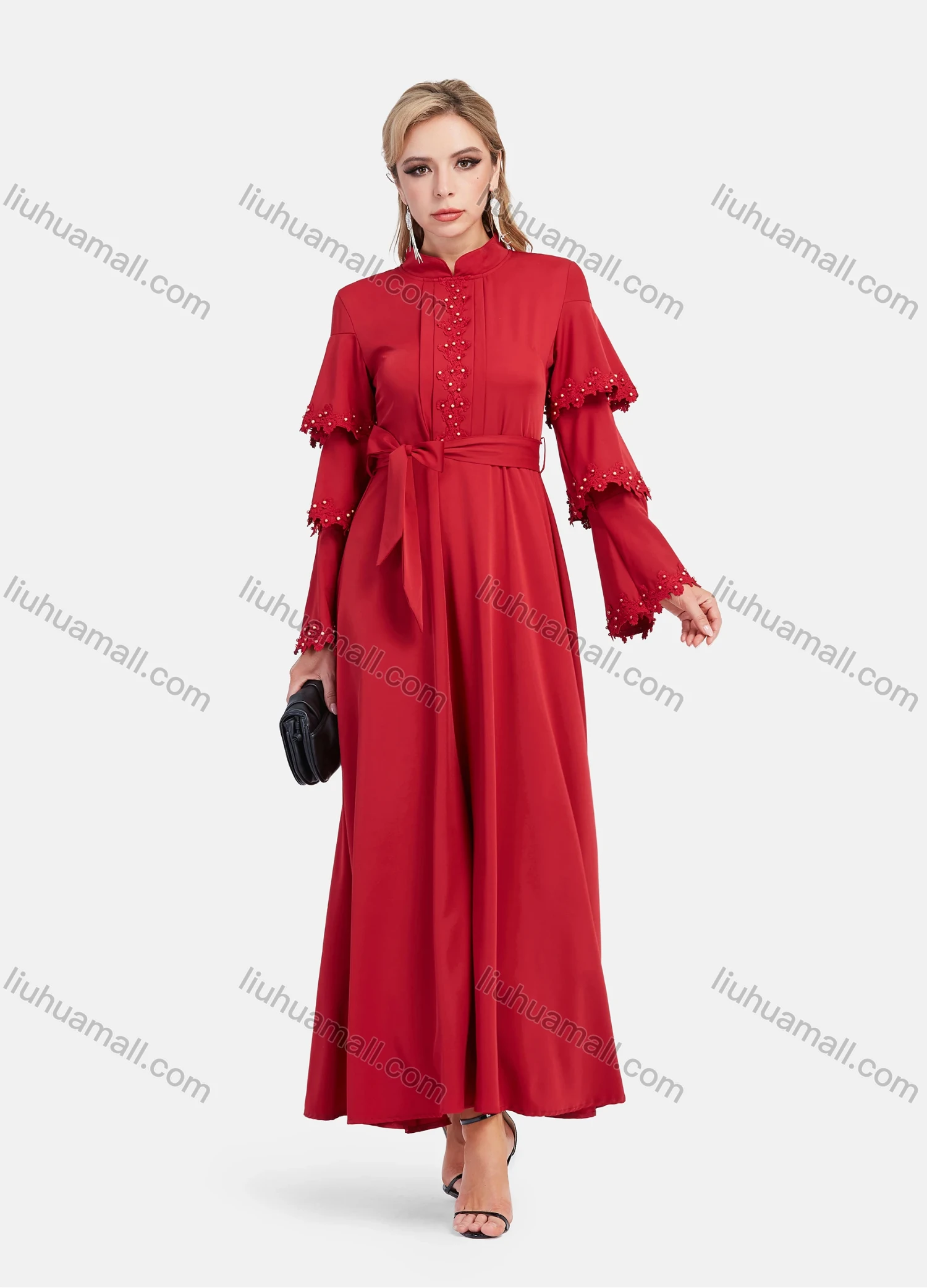 Wholesale Women's Elegant Layered Sleeve Floral Embroidery Mandarin Collar Maxi Dress With Belt - Liuhuamall