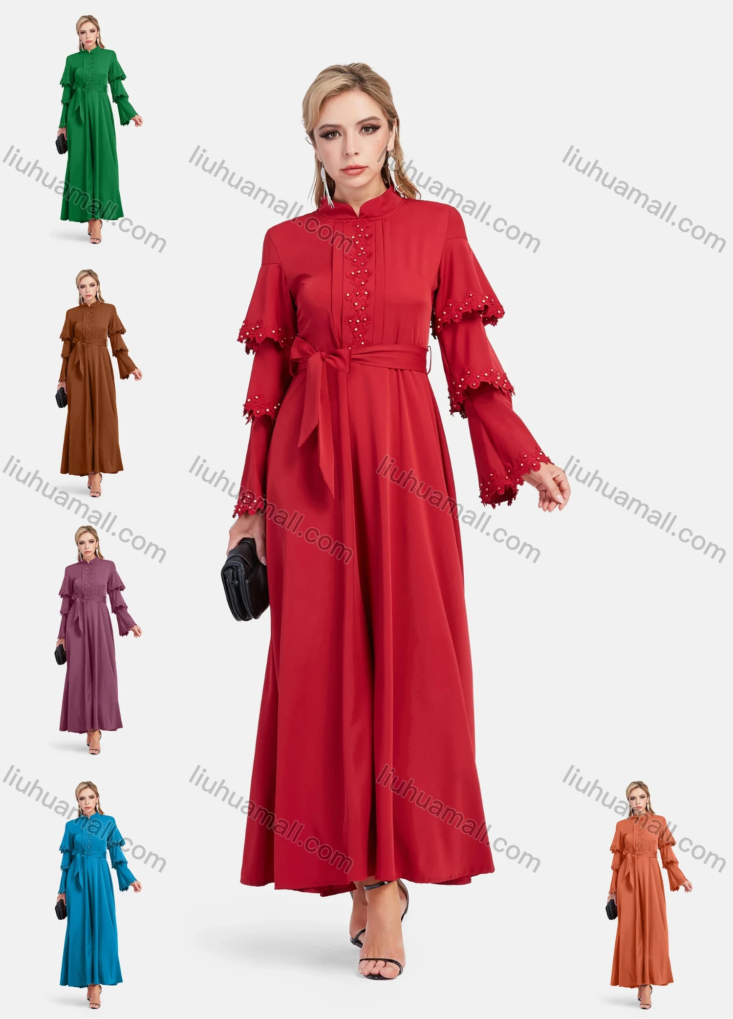 Wholesale Women's Elegant Layered Sleeve Floral Embroidery Mandarin Collar Maxi Dress With Belt - Liuhuamall