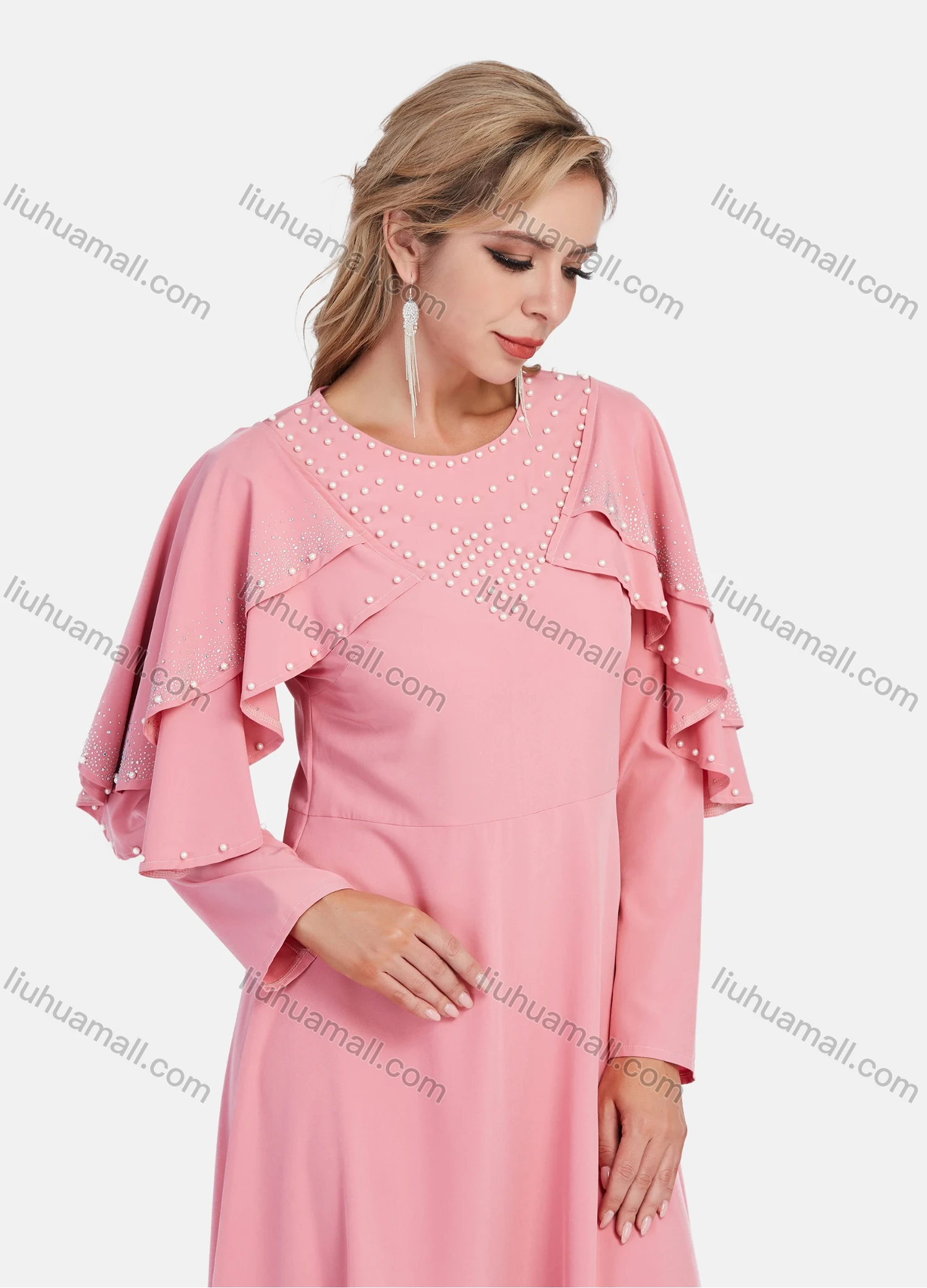 Wholesale Women's Elegant Plain Beaded Cape Sleeve High Waist Maxi Dress - Liuhuamall