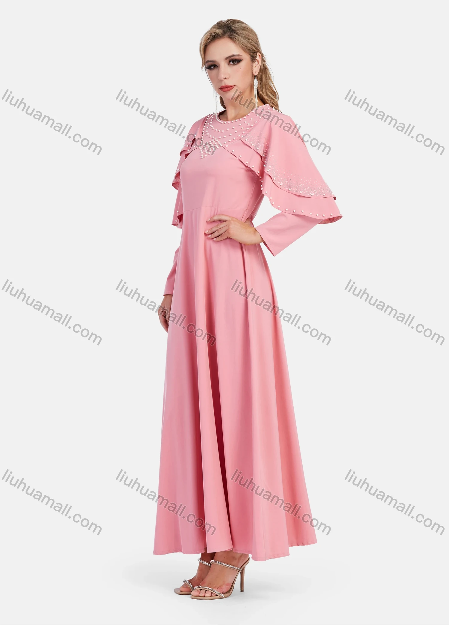 Wholesale Women's Elegant Plain Beaded Cape Sleeve High Waist Maxi Dress - Liuhuamall