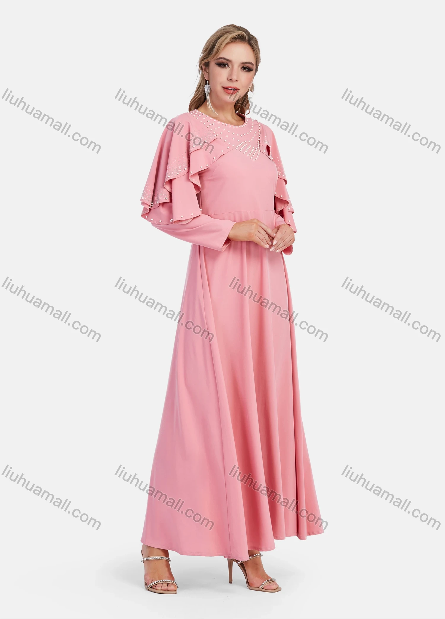 Wholesale Women's Elegant Plain Beaded Cape Sleeve High Waist Maxi Dress - Liuhuamall