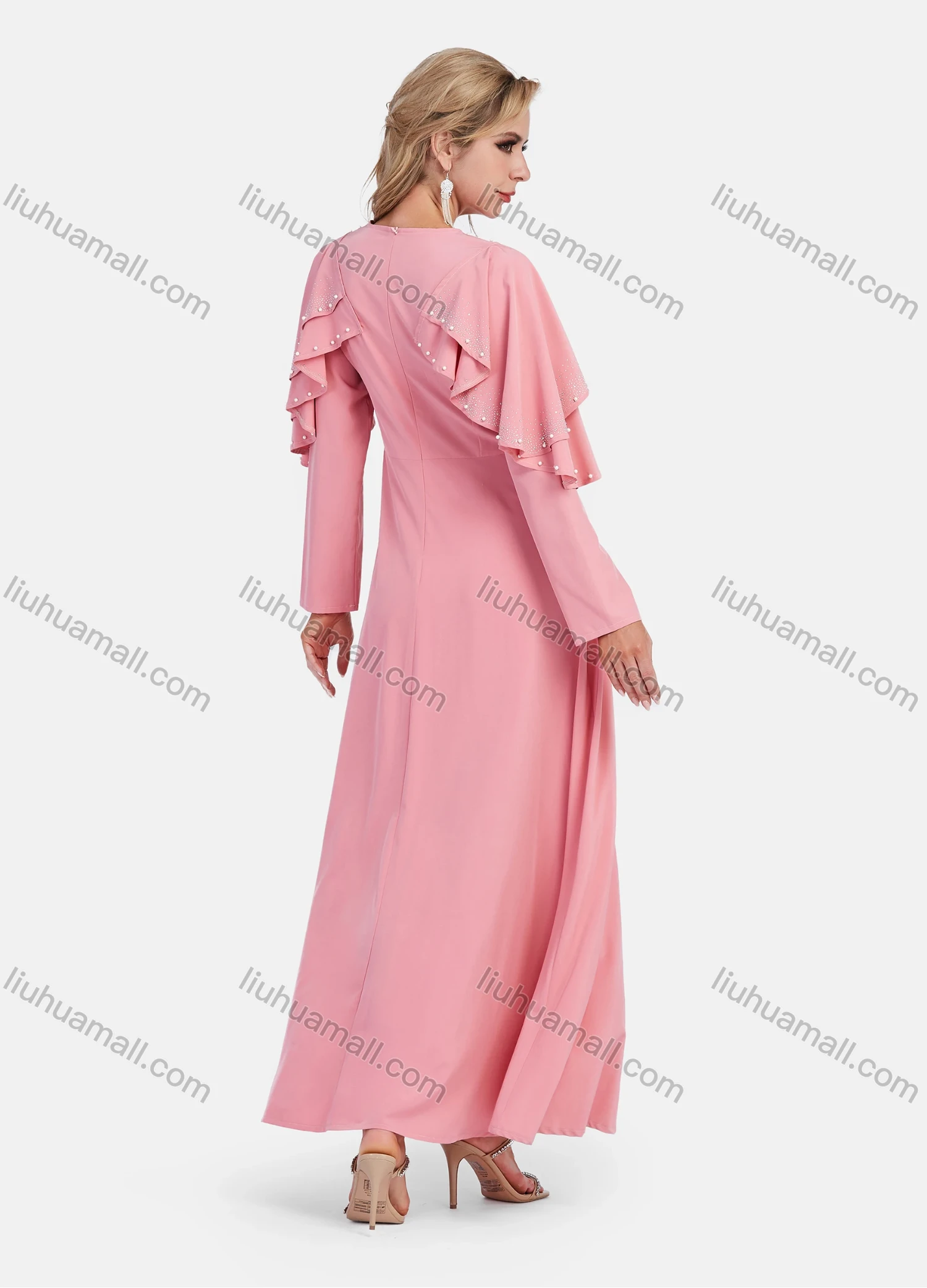 Wholesale Women's Elegant Plain Beaded Cape Sleeve High Waist Maxi Dress - Liuhuamall