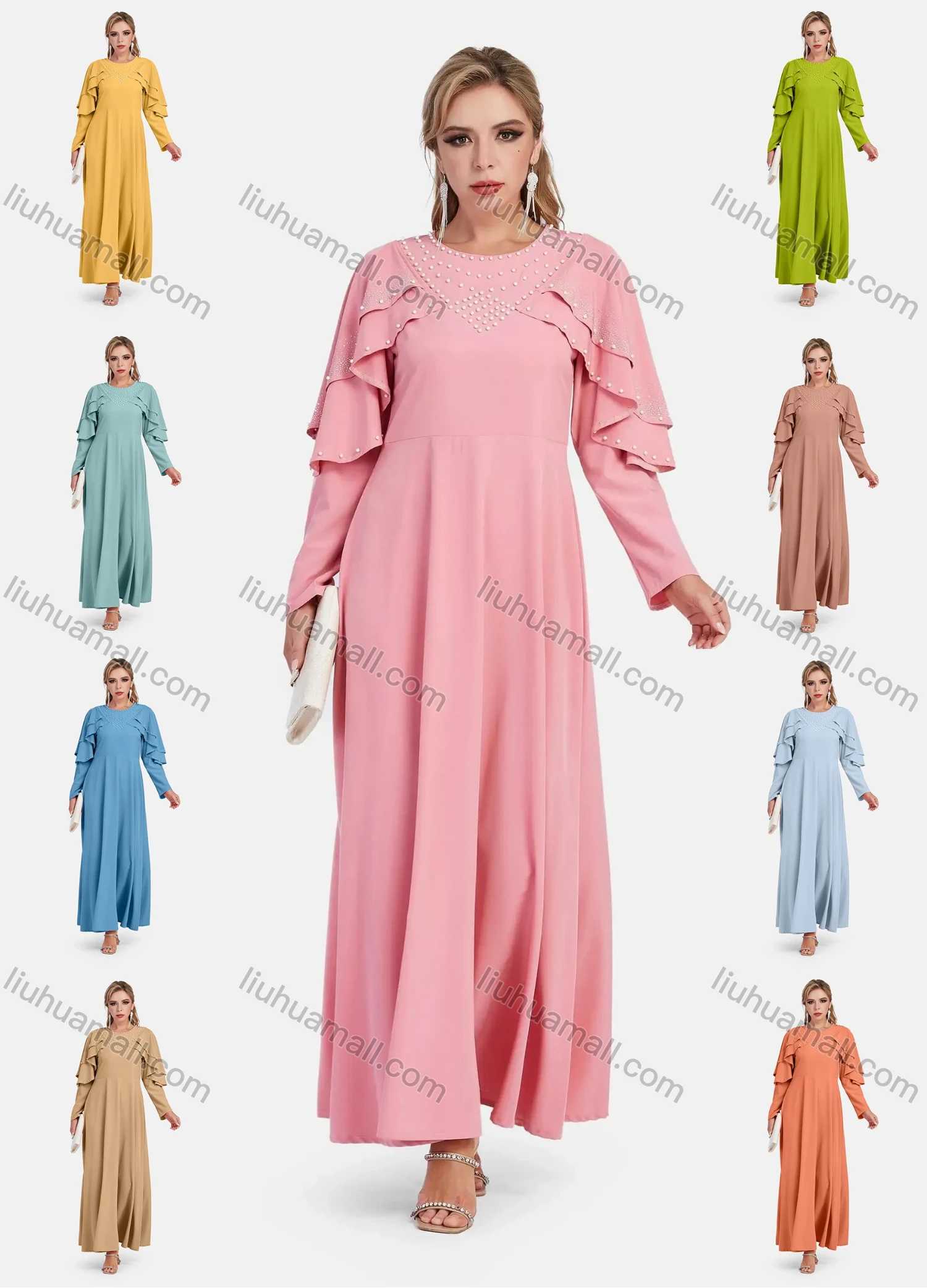 Wholesale Women's Elegant Plain Beaded Cape Sleeve High Waist Maxi Dress - Liuhuamall