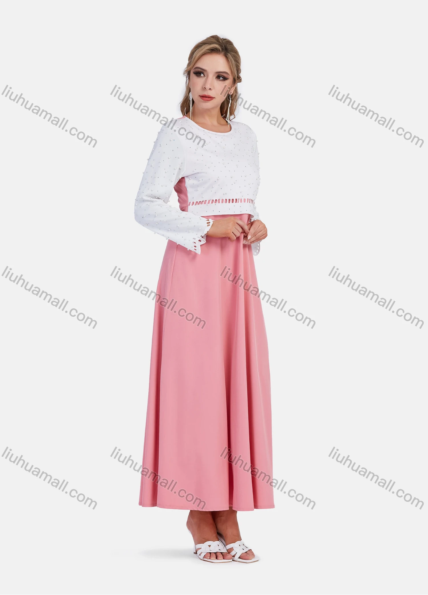 Wholesale Women's Elegent Hollow Out Beaded A Line Maxi Dress - Liuhuamall