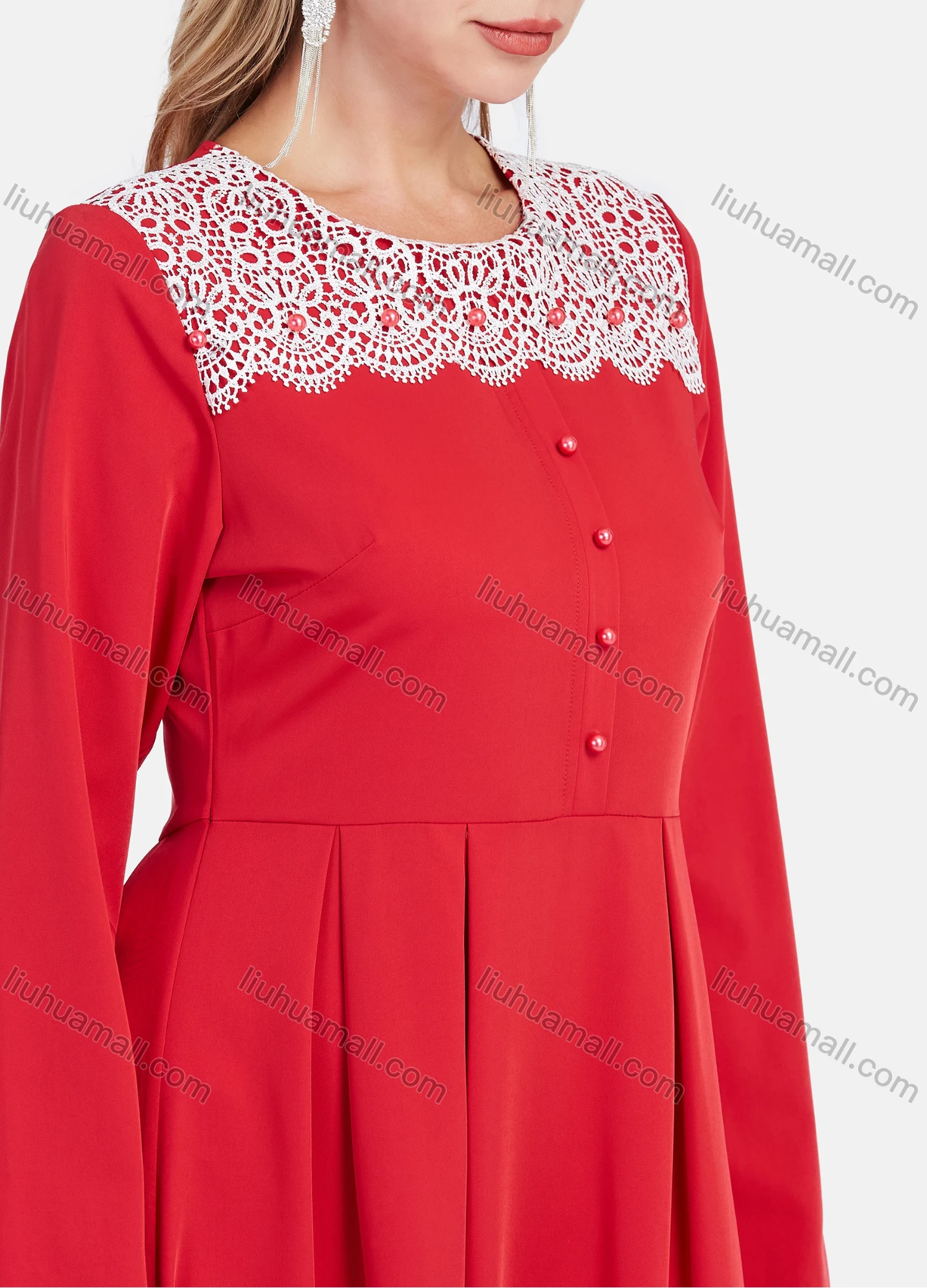 Wholesale Women's Elegant A-Line Lace Button Decor Long Sleeve Round Neck Ruffle Maxi Dress - Liuhuamall
