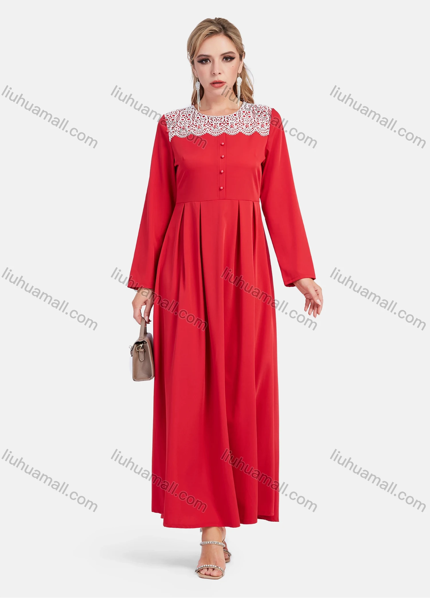 Wholesale Women's Elegant A-Line Lace Button Decor Long Sleeve Round Neck Ruffle Maxi Dress - Liuhuamall