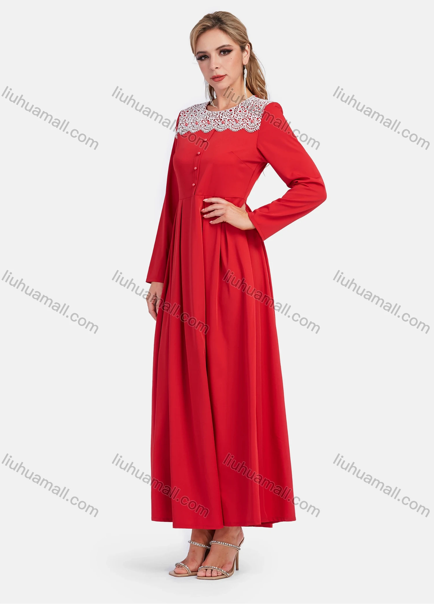 Wholesale Women's Elegant A-Line Lace Button Decor Long Sleeve Round Neck Ruffle Maxi Dress - Liuhuamall