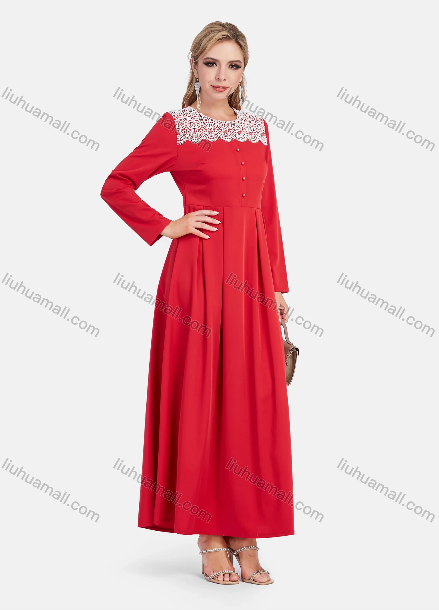 Wholesale Women's Elegant A-Line Lace Button Decor Long Sleeve Round Neck Ruffle Maxi Dress - Liuhuamall