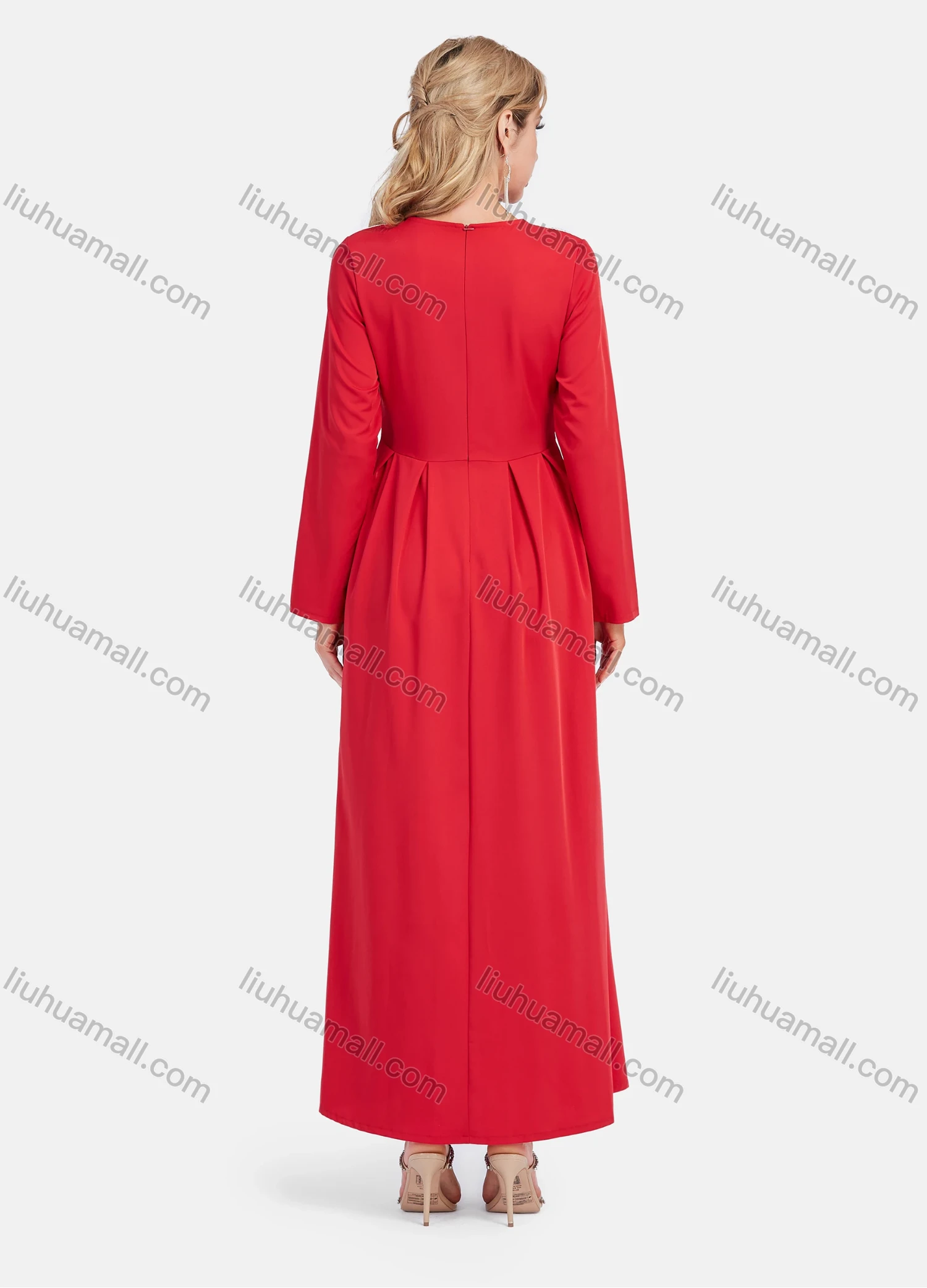 Wholesale Women's Elegant A-Line Lace Button Decor Long Sleeve Round Neck Ruffle Maxi Dress - Liuhuamall