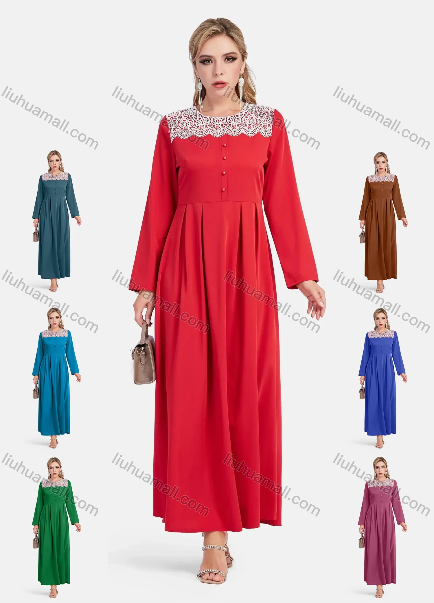 Wholesale Women's Elegant A-Line Lace Button Decor Long Sleeve Round Neck Ruffle Maxi Dress - Liuhuamall
