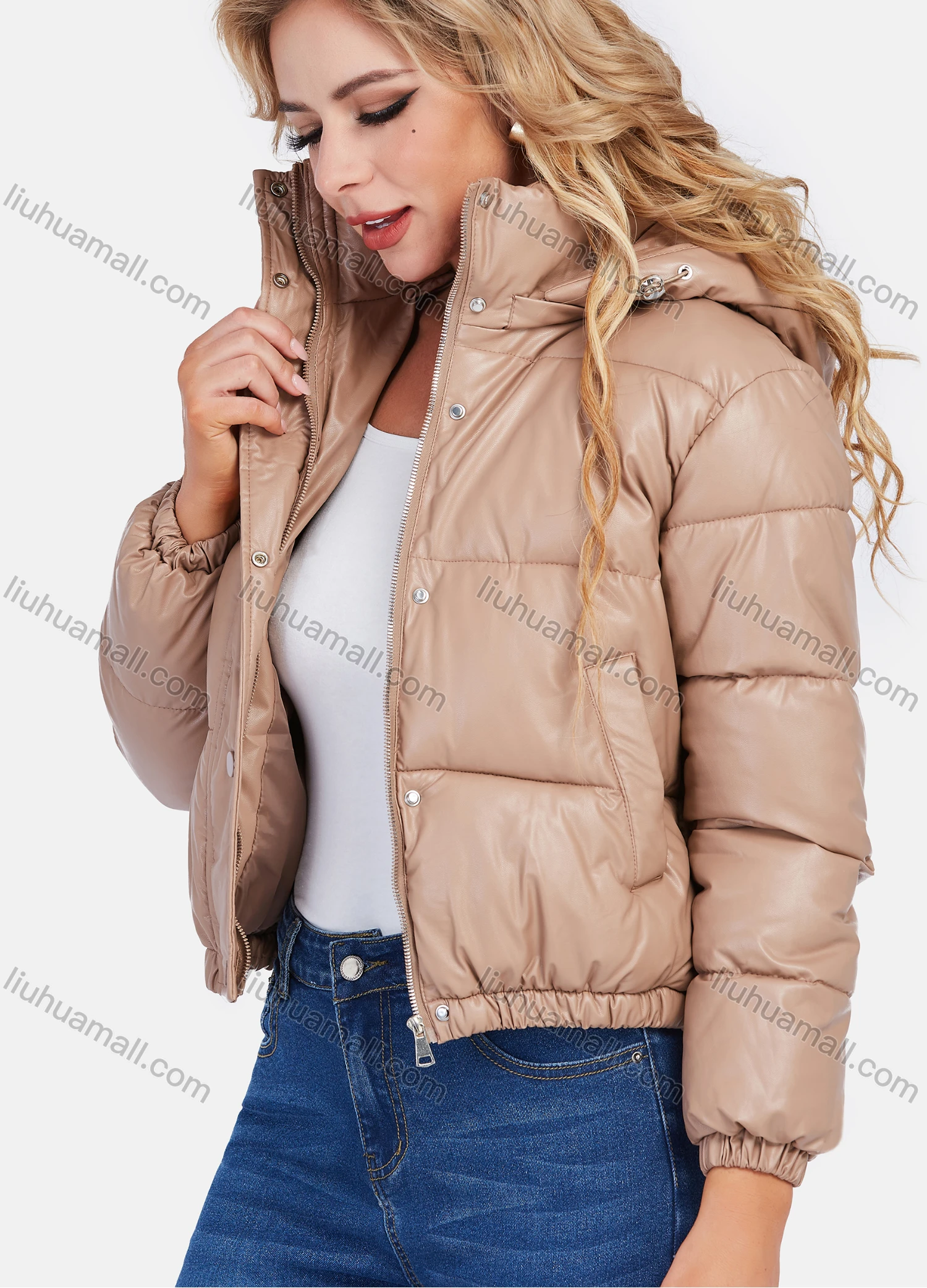 Wholesale Women's Casual Zipper Plain Hooded Crop Leather Jacket - Liuhuamall