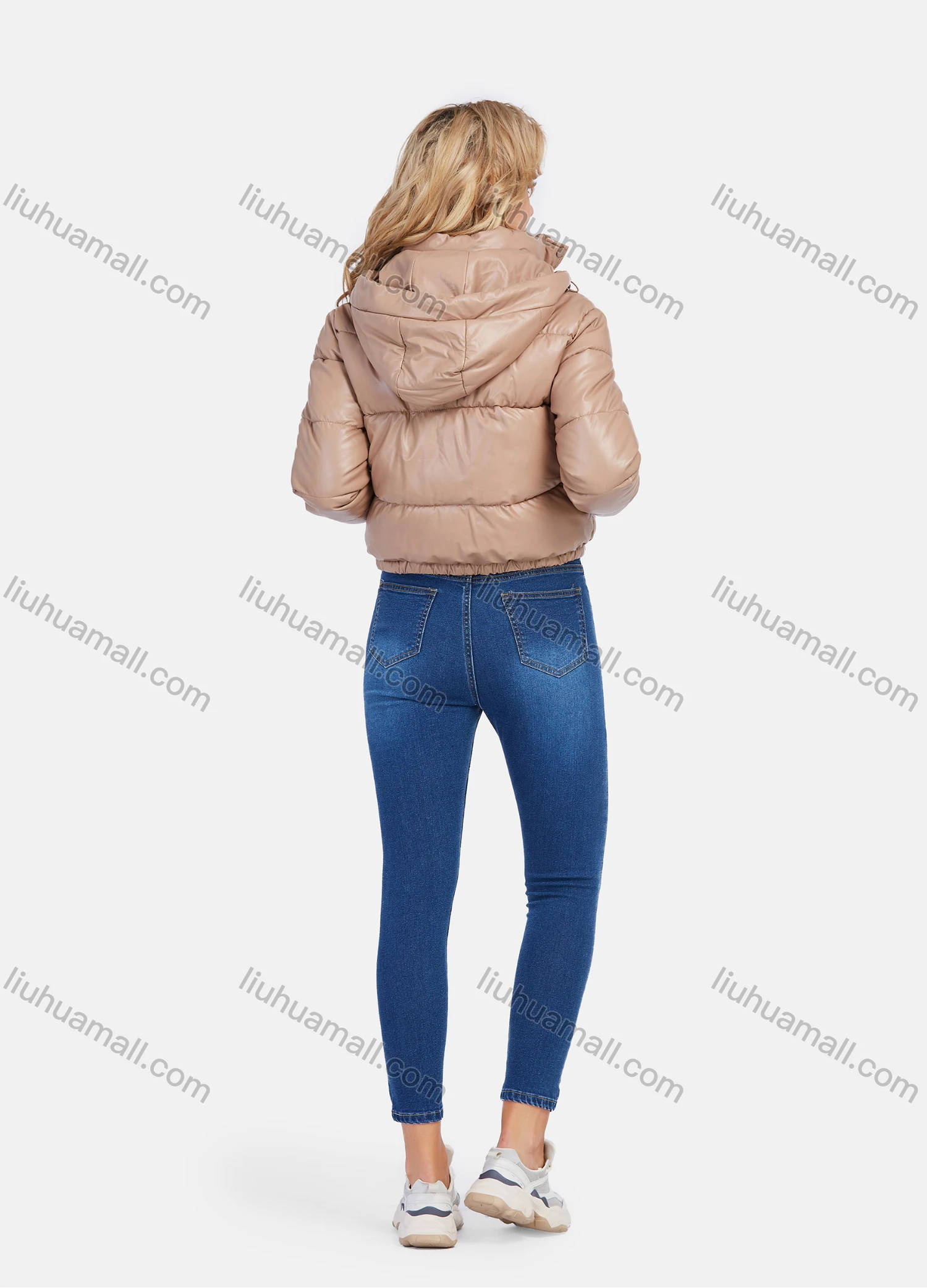 Wholesale Women's Casual Zipper Plain Hooded Crop Leather Jacket - Liuhuamall