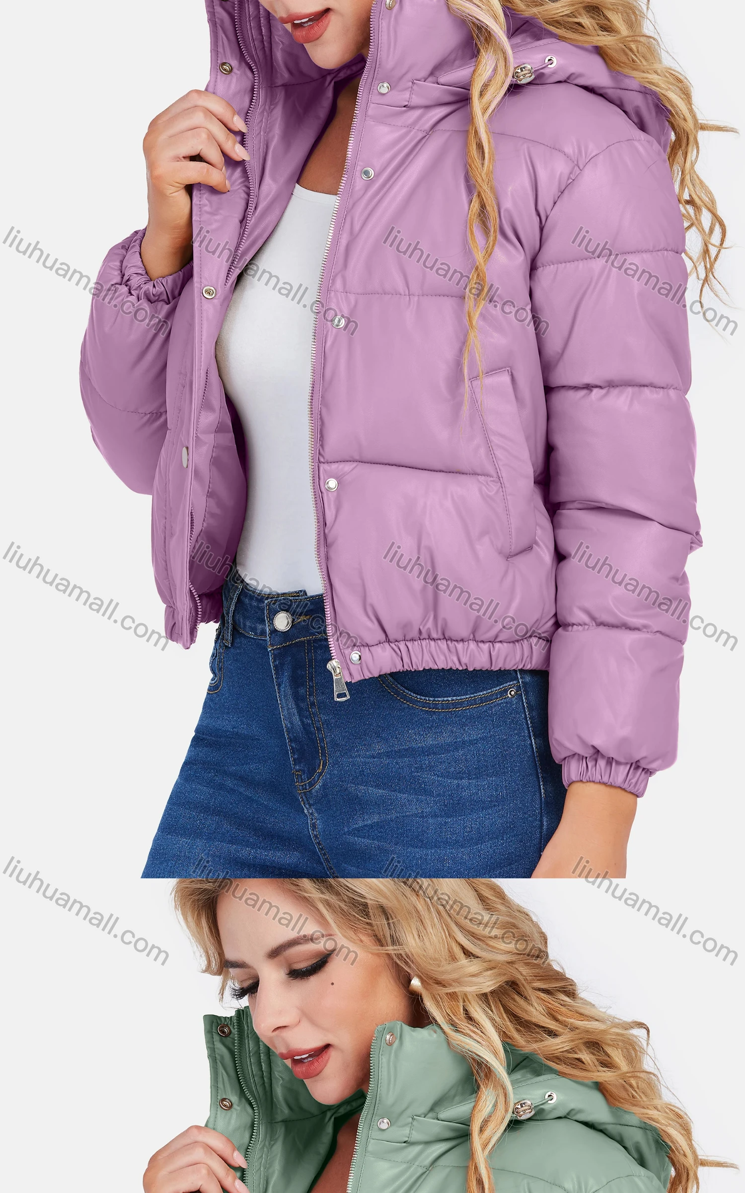 Wholesale Women's Casual Zipper Plain Hooded Crop Leather Jacket - Liuhuamall