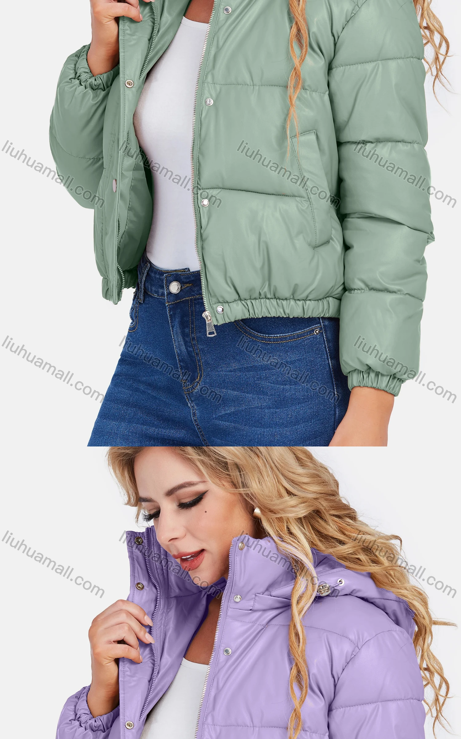 Wholesale Women's Casual Zipper Plain Hooded Crop Leather Jacket - Liuhuamall